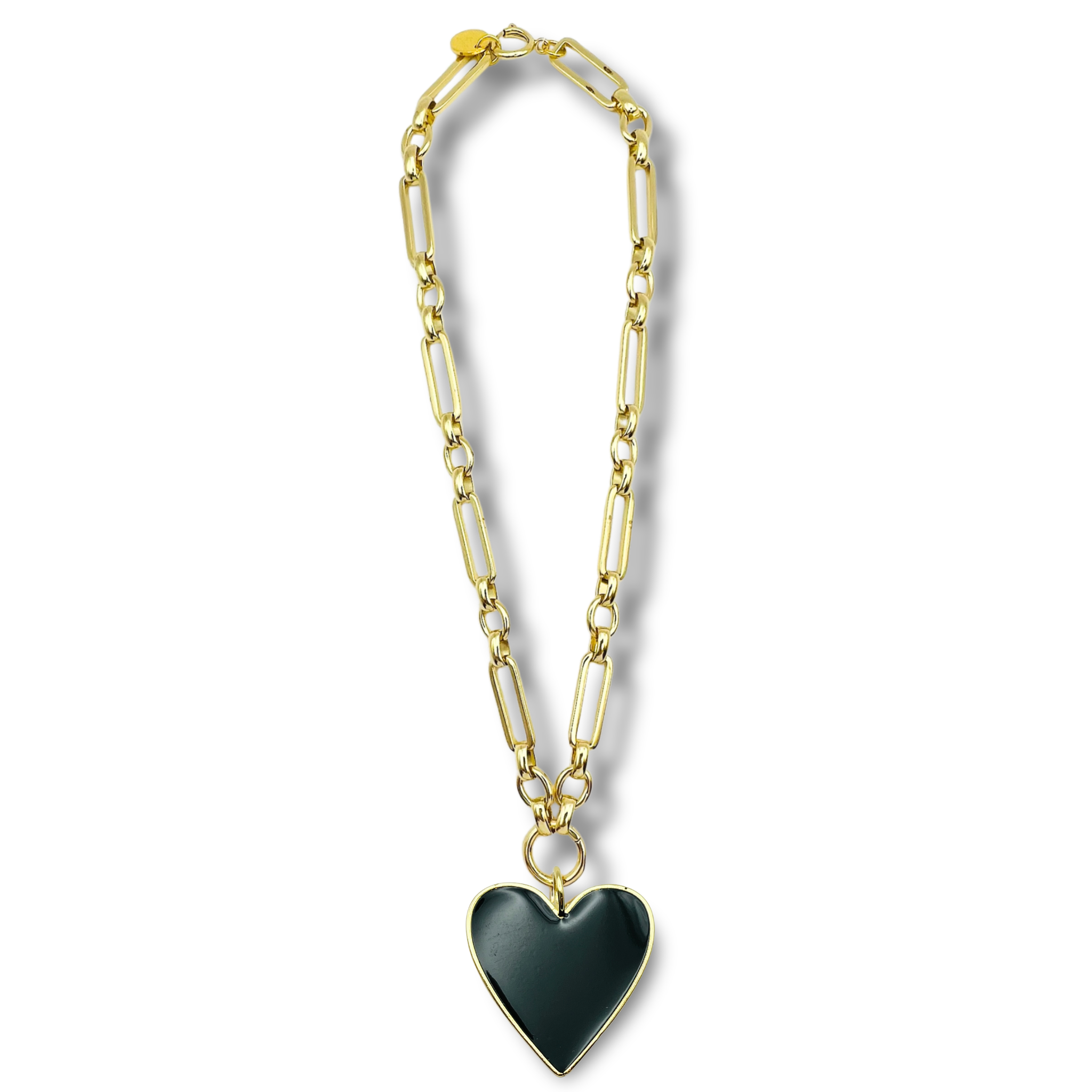 Black chunky link chain necklace with large gold heart pendant by HOLST+LEE
