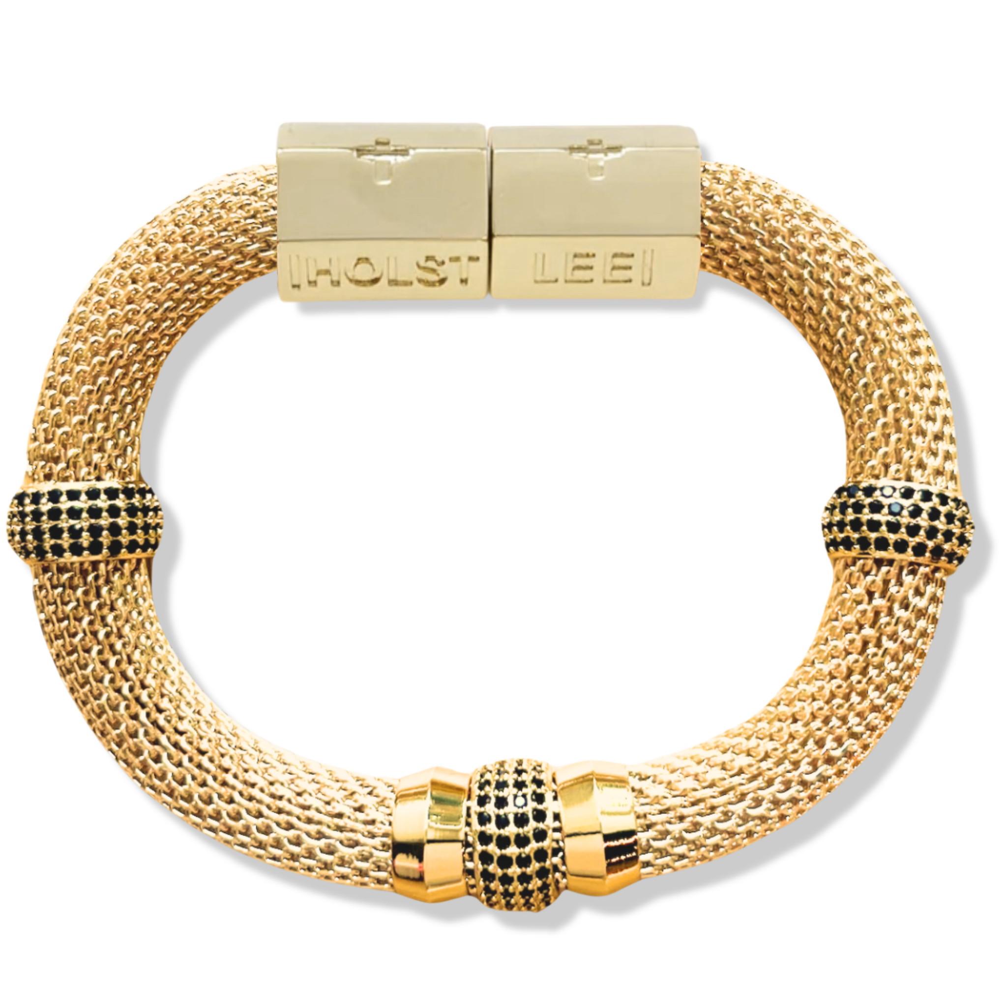 Gold woven mesh bracelet with pavé crystal ferrule stack and gold magnetic clasped bracelet by HOLST+LEE