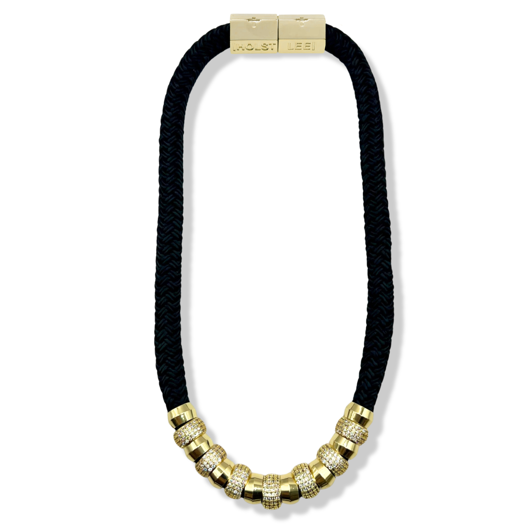 Black braided rope necklace with pavé crystal and gold ferrule stack and gold magnetic clasp by HOLST+LEE