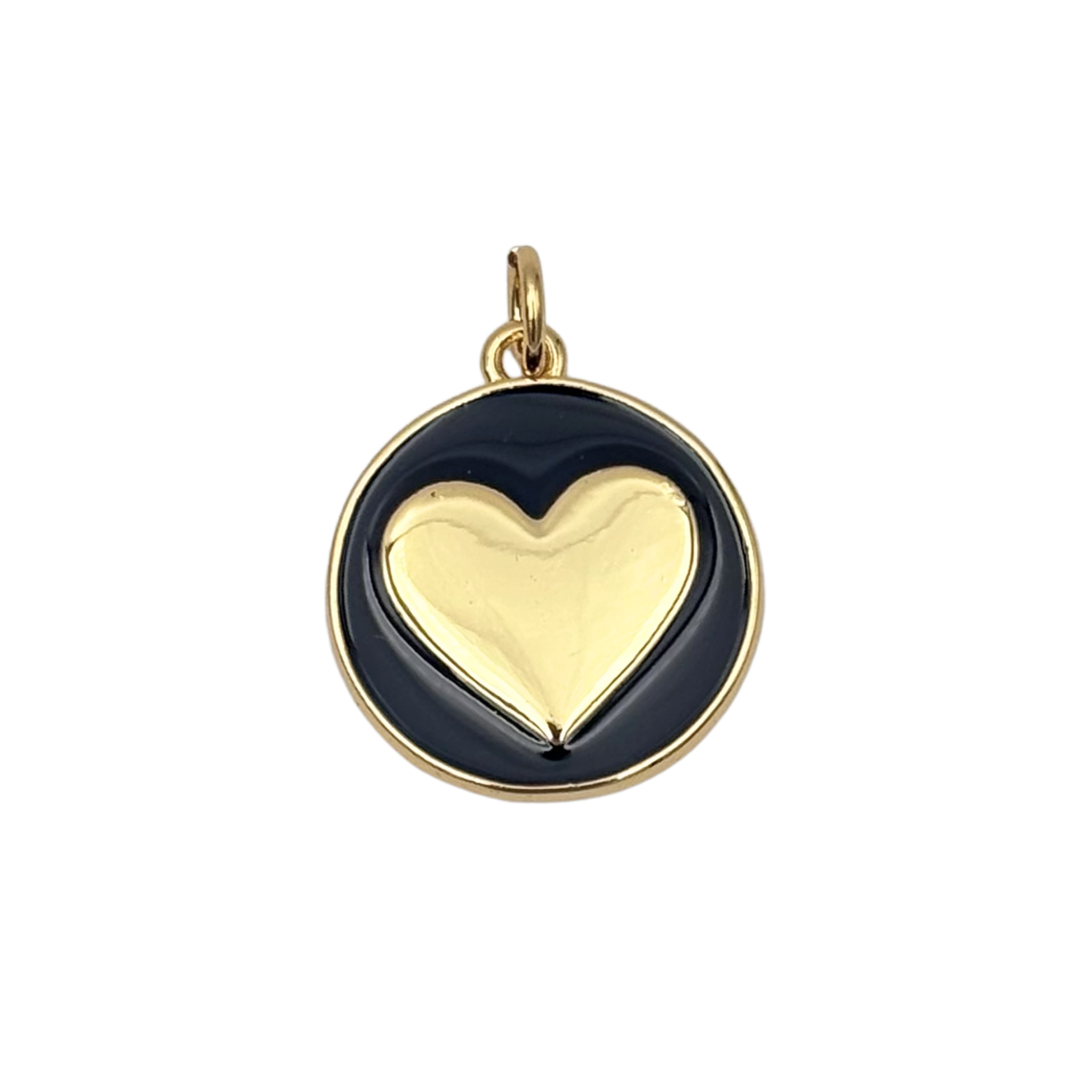 Gold round medallion charm with black enamel face, raised polished gold heart by HOLST+LEE
