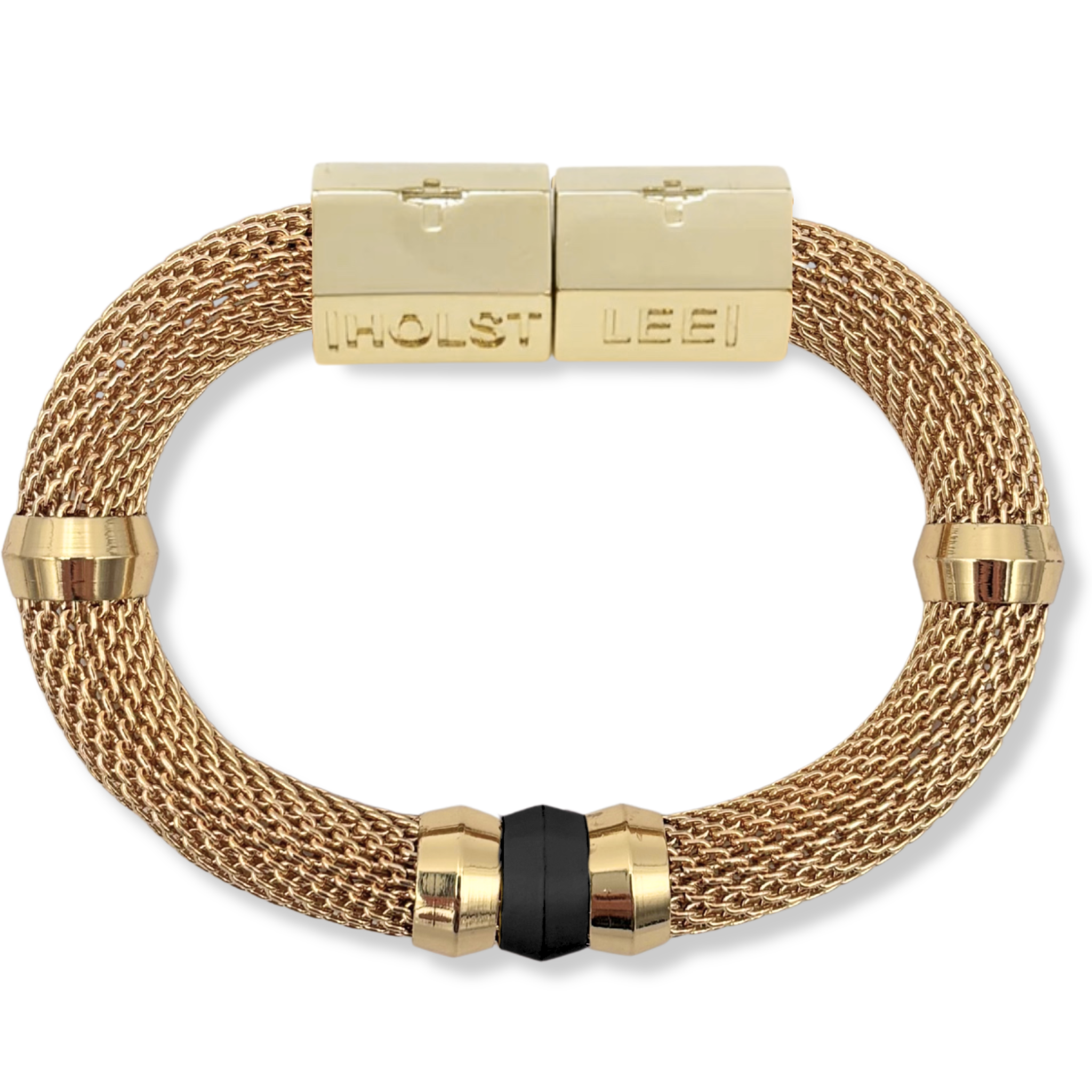 Gold woven mesh bracelet with black ferrule accent and 18K gold-filled magnetic clasped bracelet by HOLST+LEE
