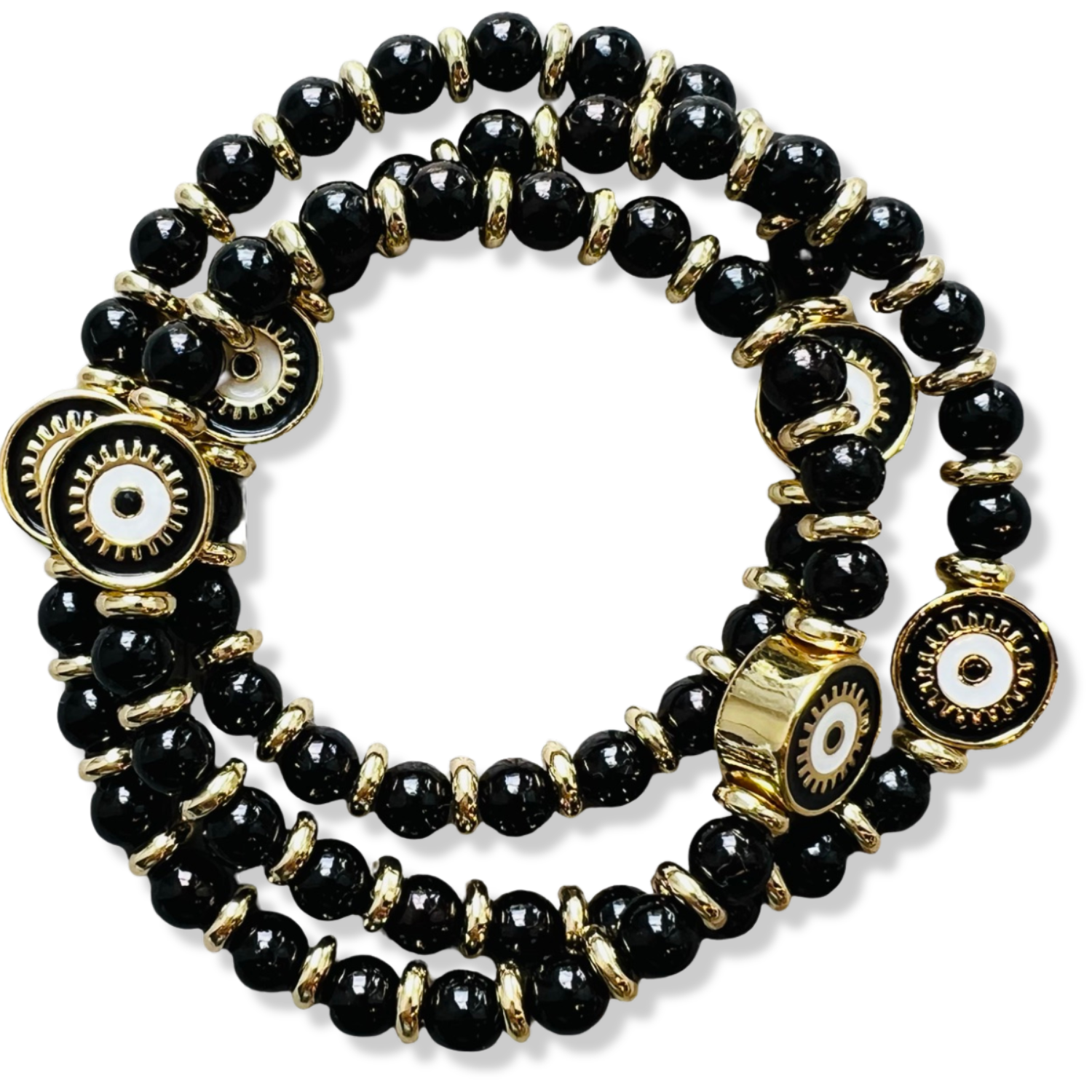 Wrap black pearl and gold rondelle stretch bracelet with black enamel evil eye charms by HOLST+LEE