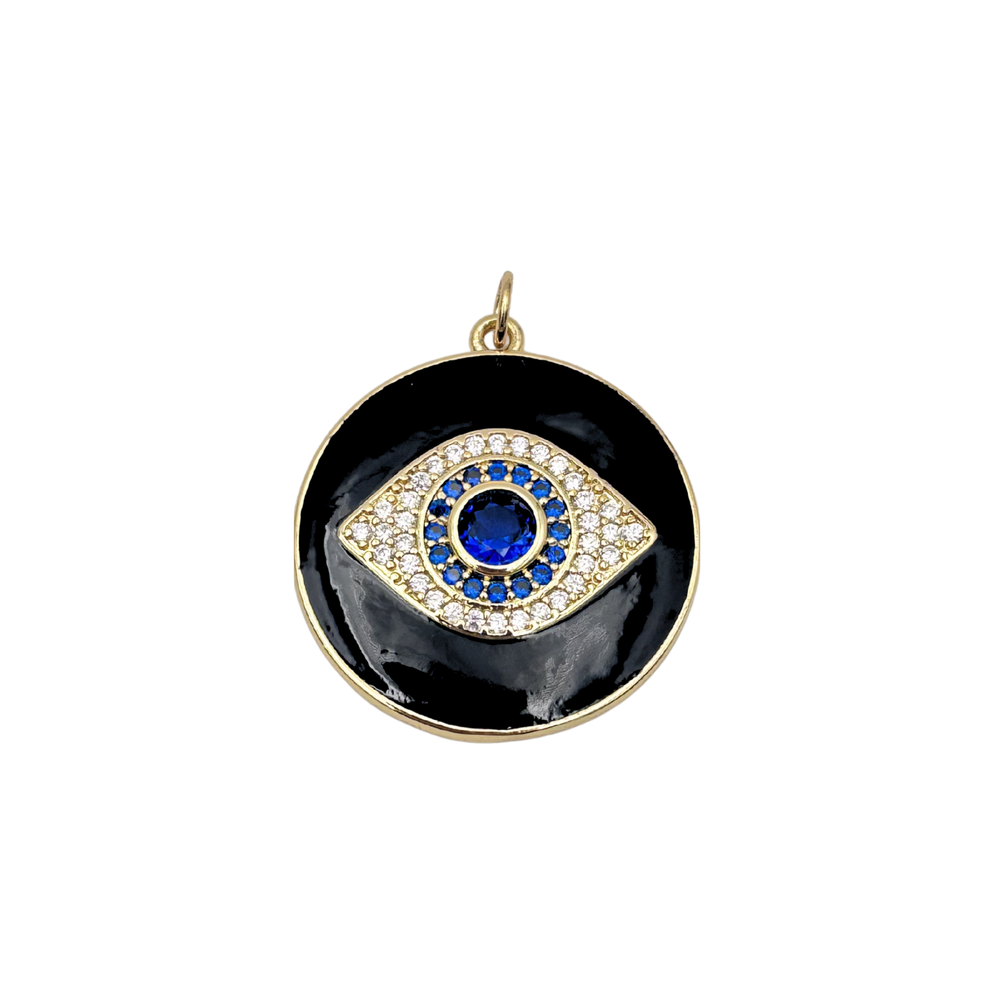 Black enamel evil eye charm with sapphire and pavé diamond concentric rings with gold charm clasp by HOLST+LEE