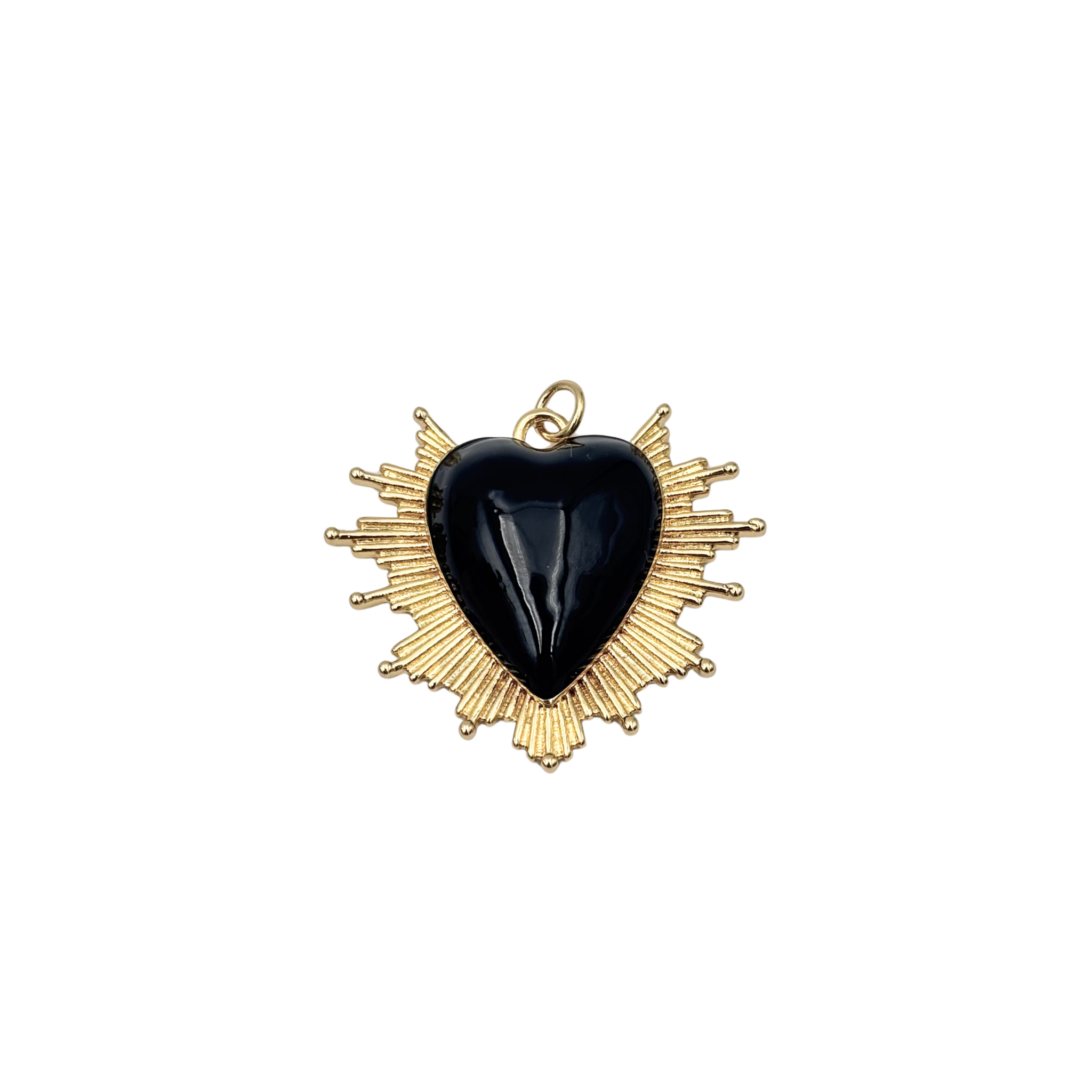 Black enamel sacred heart charm with heart and ball-tipped sunburst rays by HOLST+LEE