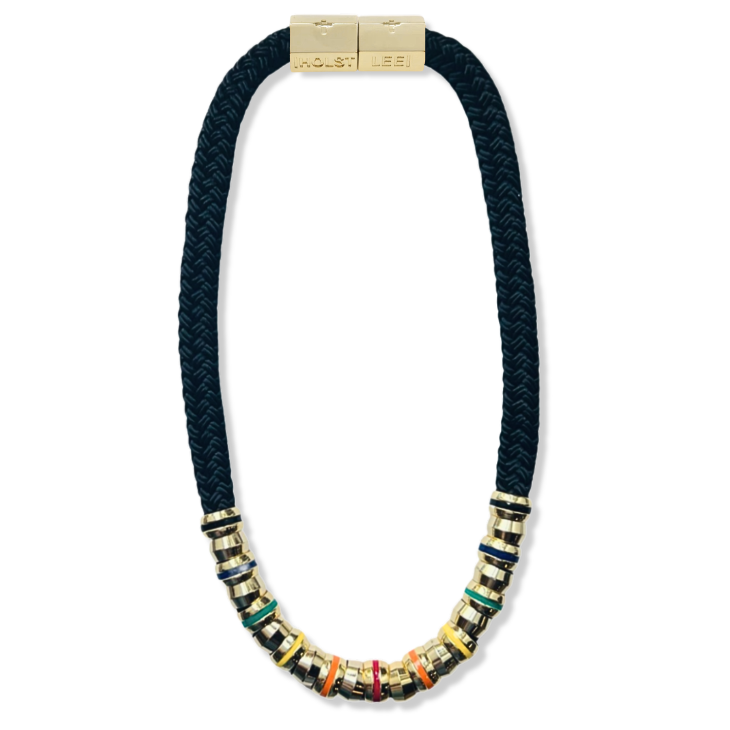 Black braided rope necklace with multicolor enamel and gold ferrule stack and gold magnetic clasped necklace by HOLST+LEE