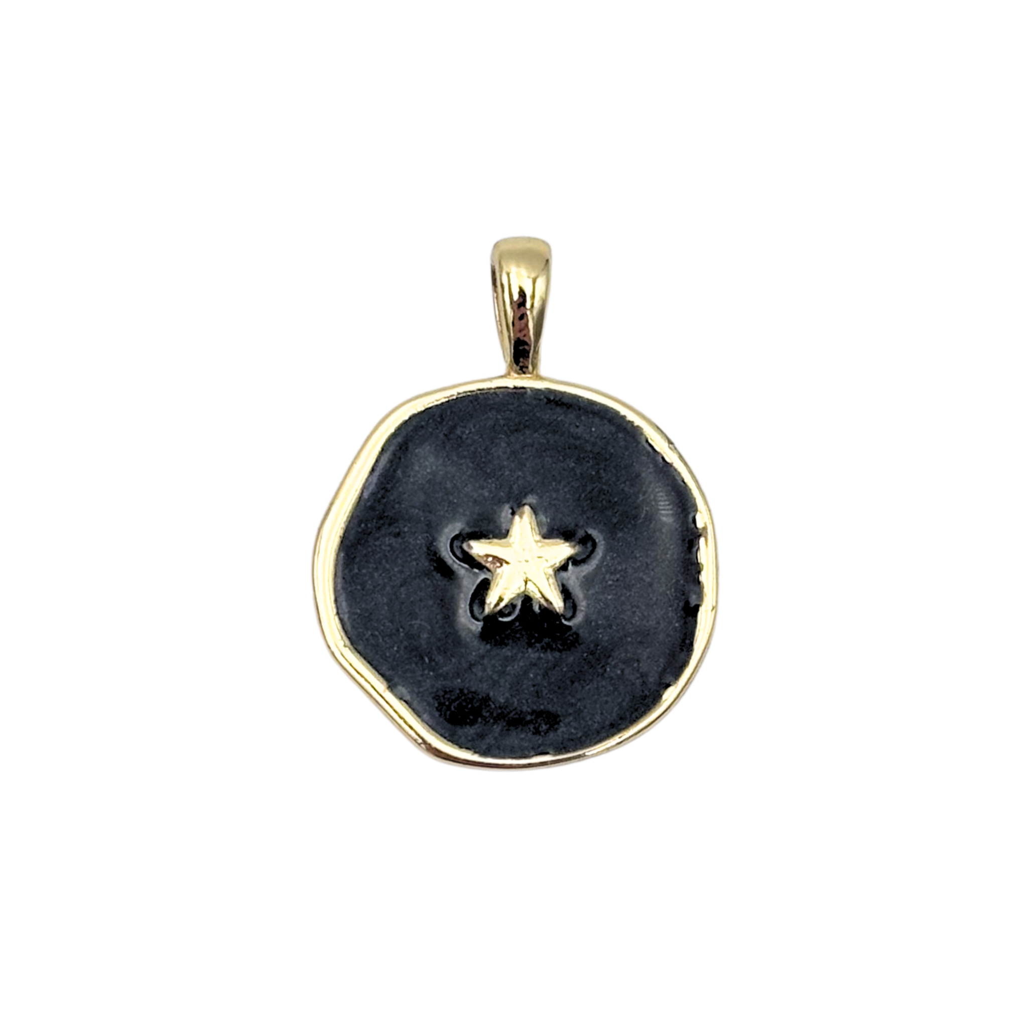 Gold round medallion pendant with swirled black enamel face, raised gold star by HOLST+LEE
