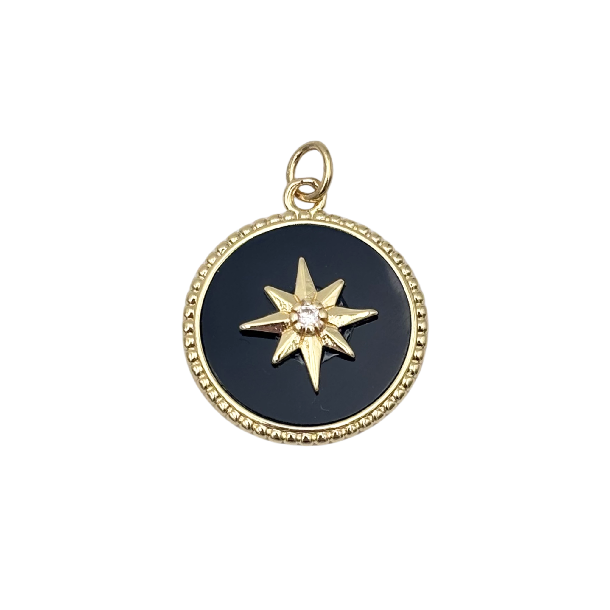 Gold round medallion pendant with mother-of-pearl face, raised eight-point star, single crystal center, beaded border by HOLST+LEE