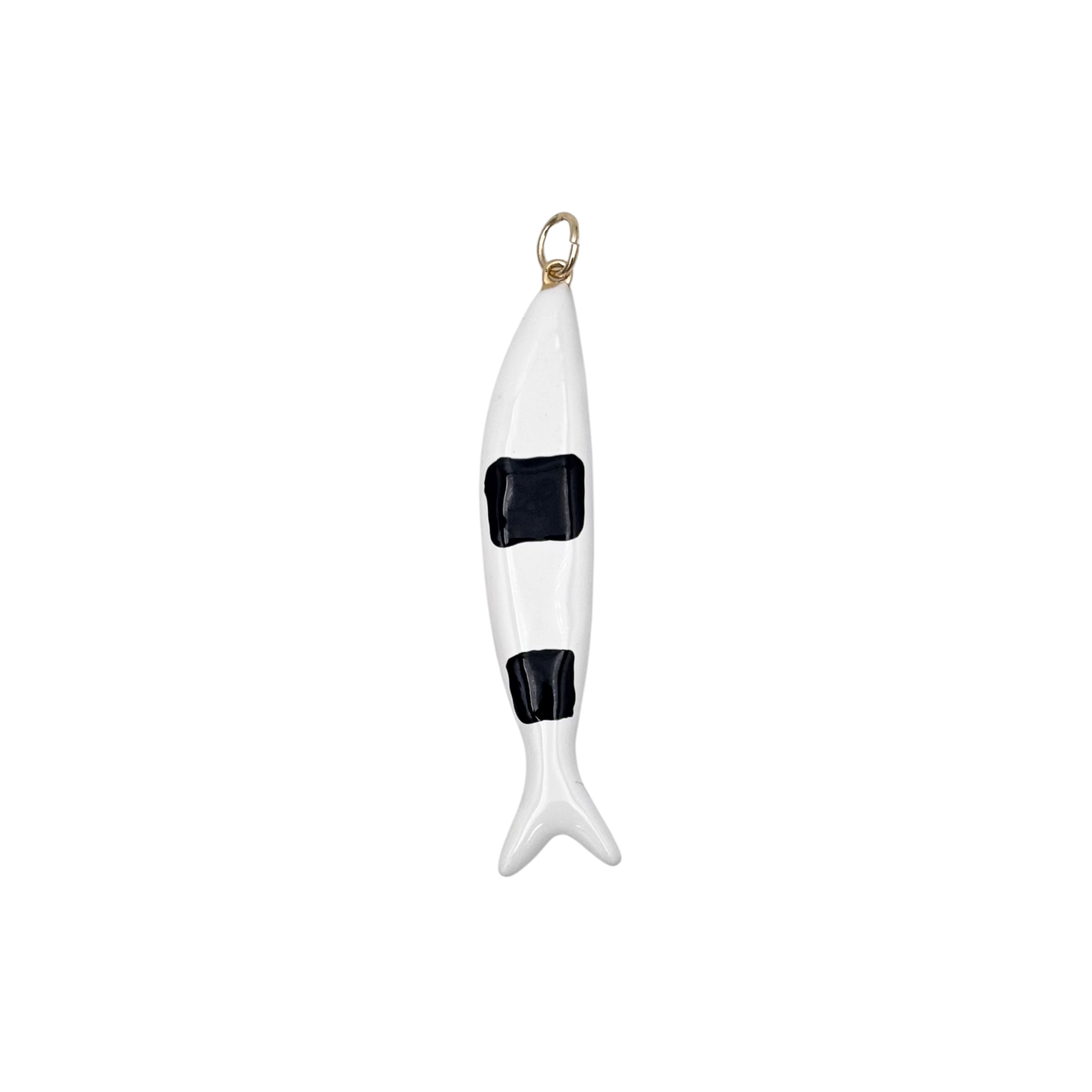 Slim white enamel fish pendant with black body stripe by HOLST+LEE