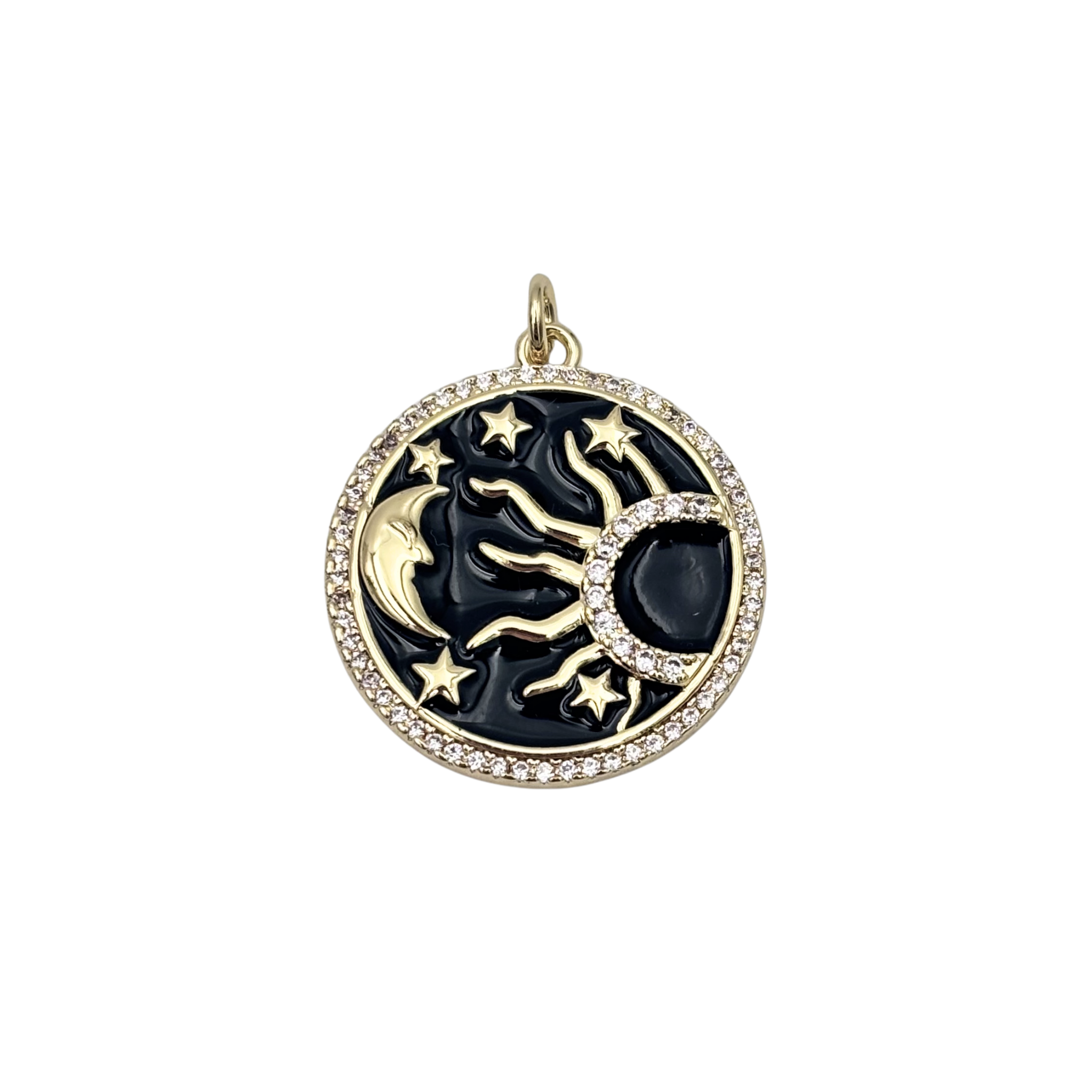 Black enamel sun and moon celestial pendant with gold details and pavé diamond halo by HOLST+LEE