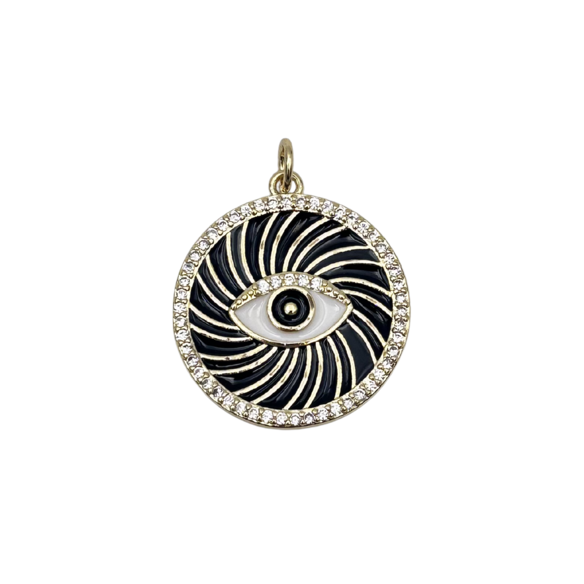 Black enamel evil eye medallion with gold swirl pattern, black eye detail, and pavé diamond halo border by HOLST+LEE
