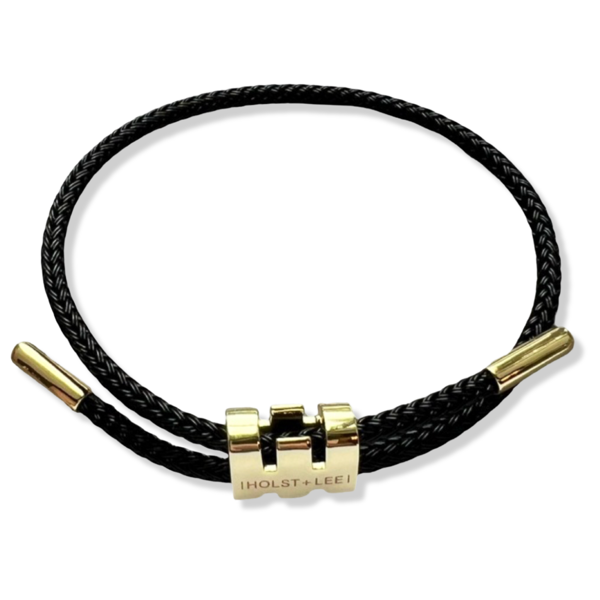 Black braided rope bracelet with gold sliding clasp by HOLST+LEE