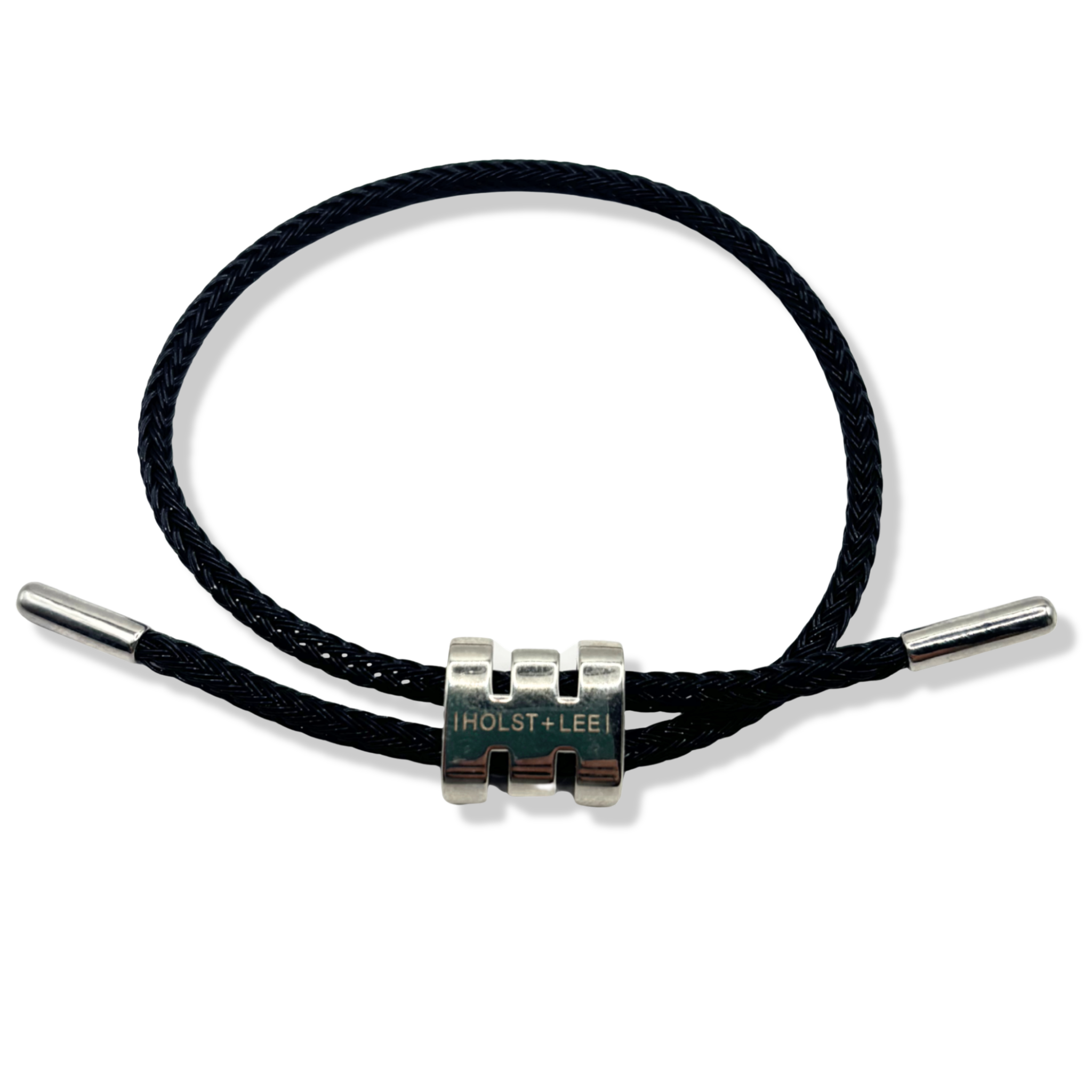 Black braided rope bracelet with silver sliding clasp by HOLST+LEE