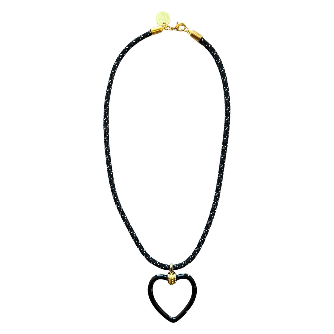 Black colored paracord necklace with  gold-filled and black enamel heart-shaped charm by HOLST+LEE