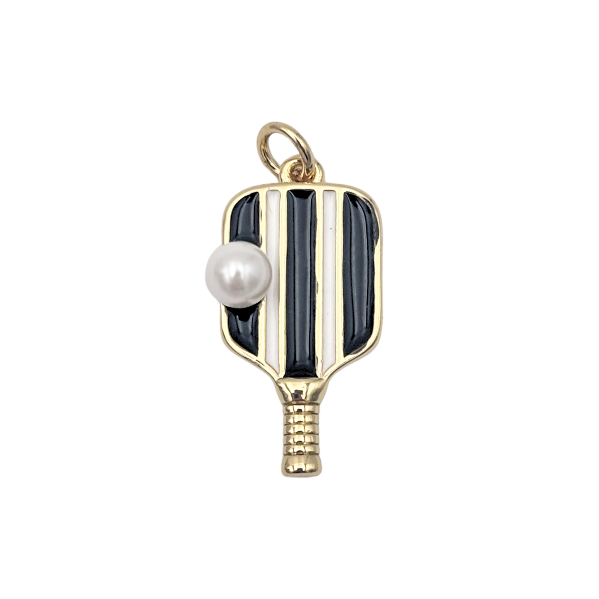 Gold pickleball paddle charm with vertical black and white enamel stripe face, faux pearl ball, and textured handle by HOLST+LEE