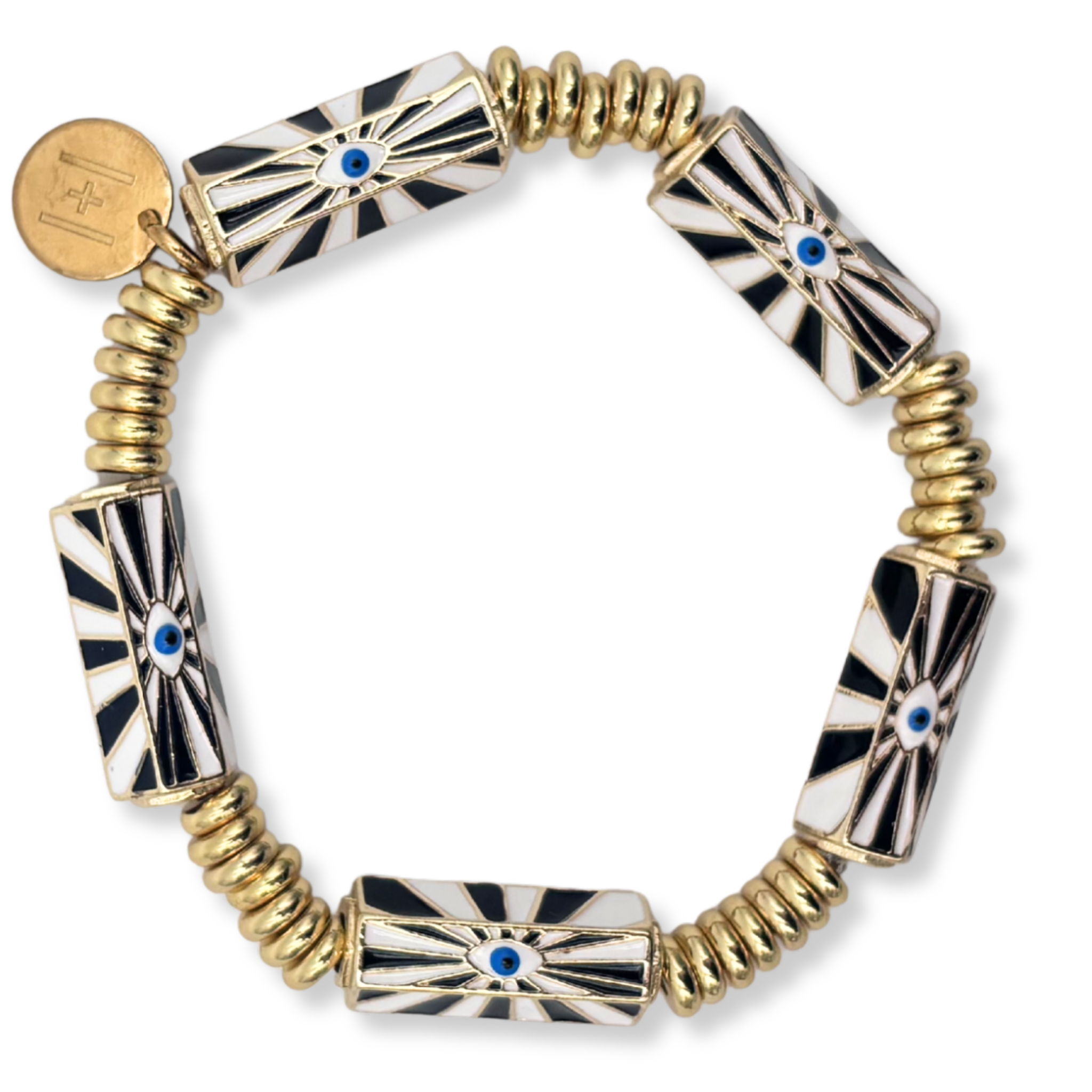 Black and white enamel evil eye stretch bracelet with gold ribbed beads and branded coin charm by HOLST+LEE