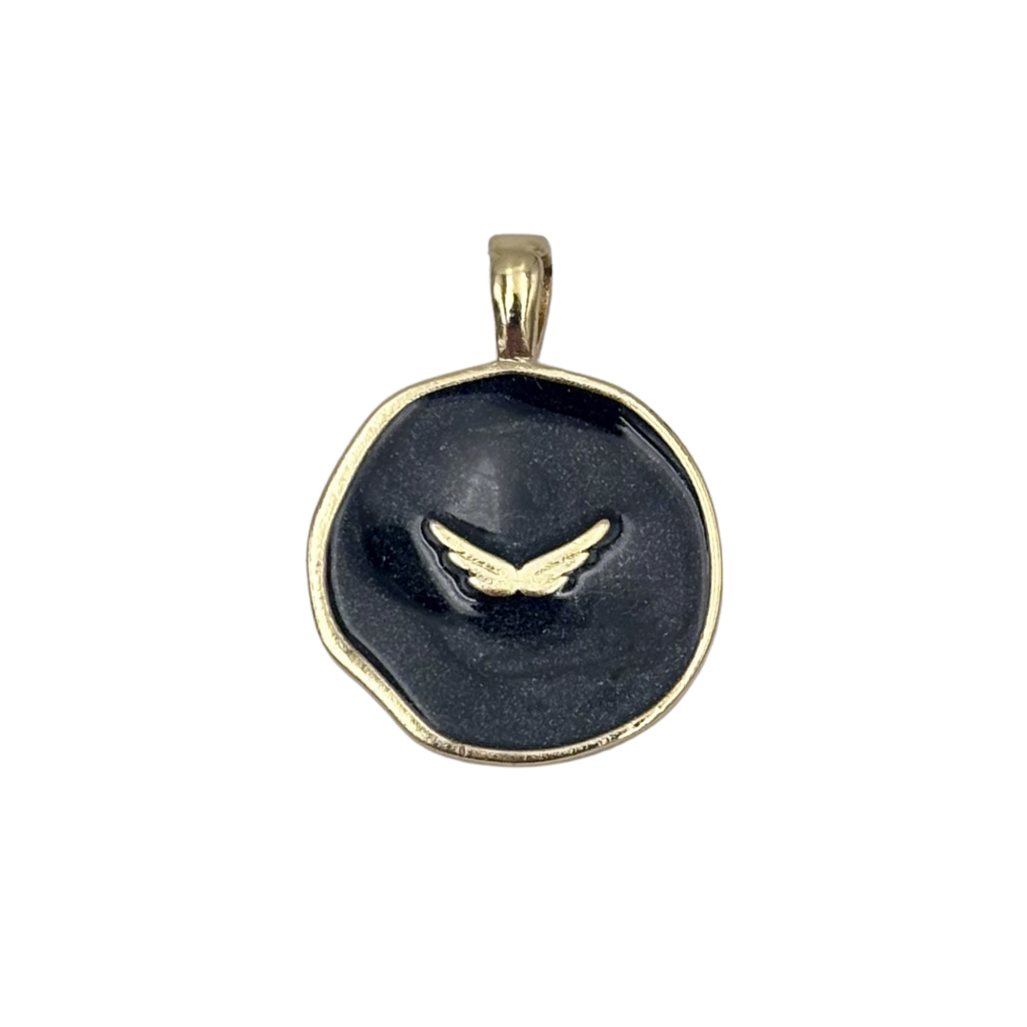 Gold round medallion pendant with swirled black enamel face, raised gold wing by HOLST+LEE