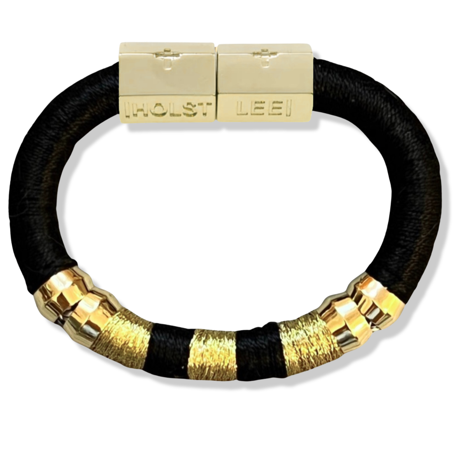 Black and gold colorblock thread wrapped bracelet with 18K gold-filled magnetic clasped bracelet and gold ferrule accents by HOLST+LEE