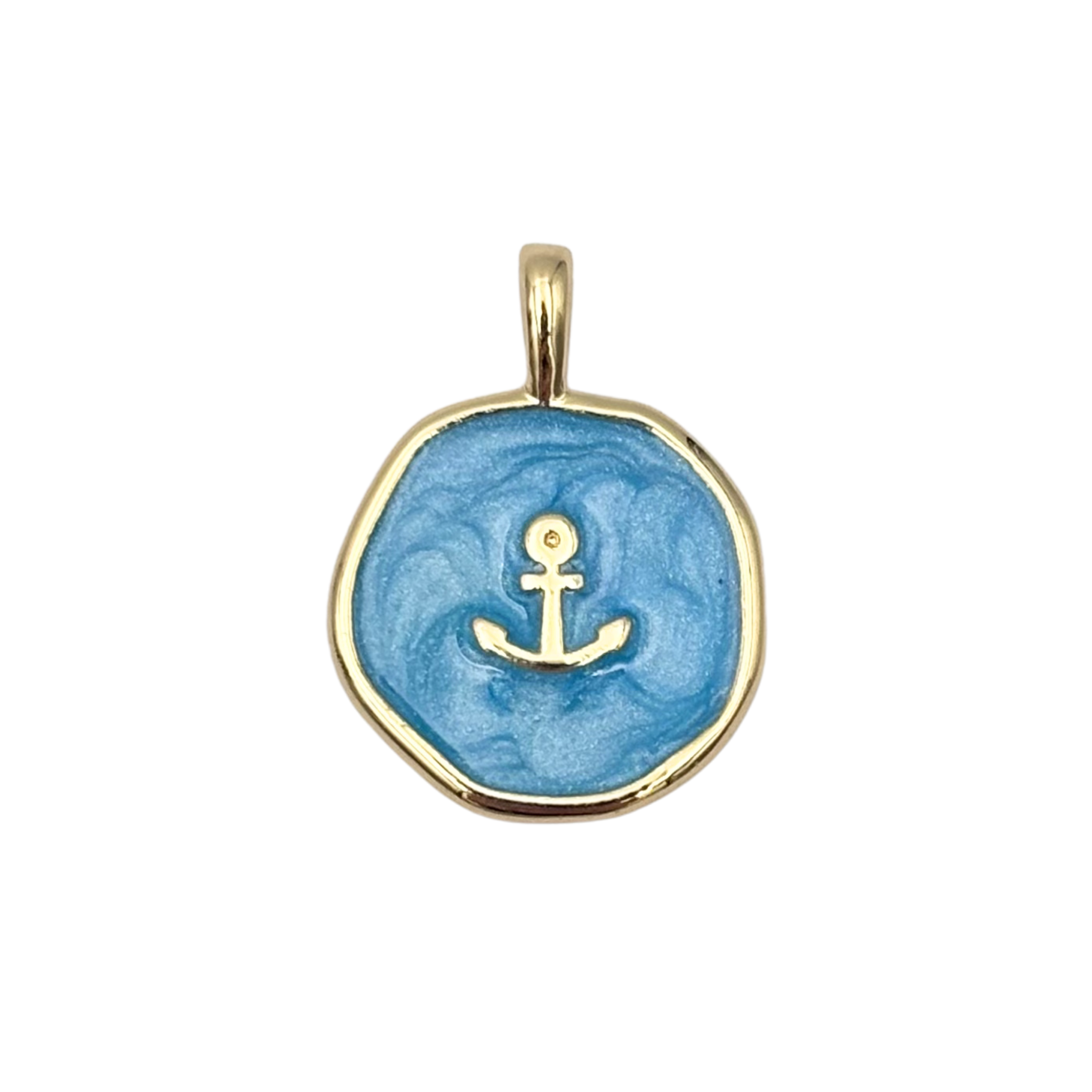 Gold round medallion pendant with swirled blue enamel face, raised gold anchor by HOLST+LEE