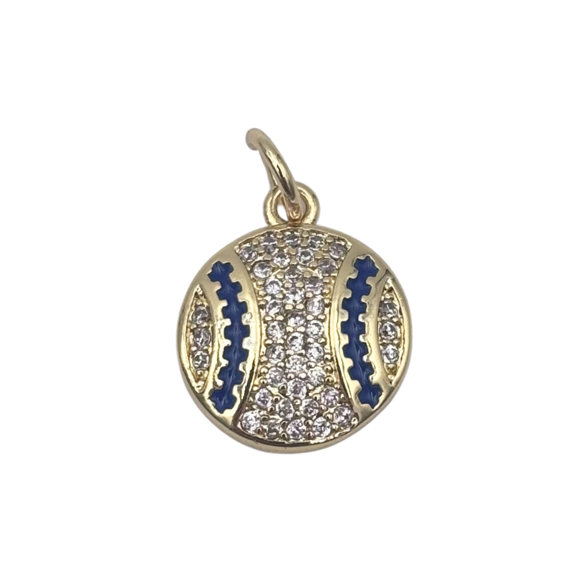Gold baseball charm with full pavé rhinestone cover, blue enamel stitch detail by HOLST+LEE