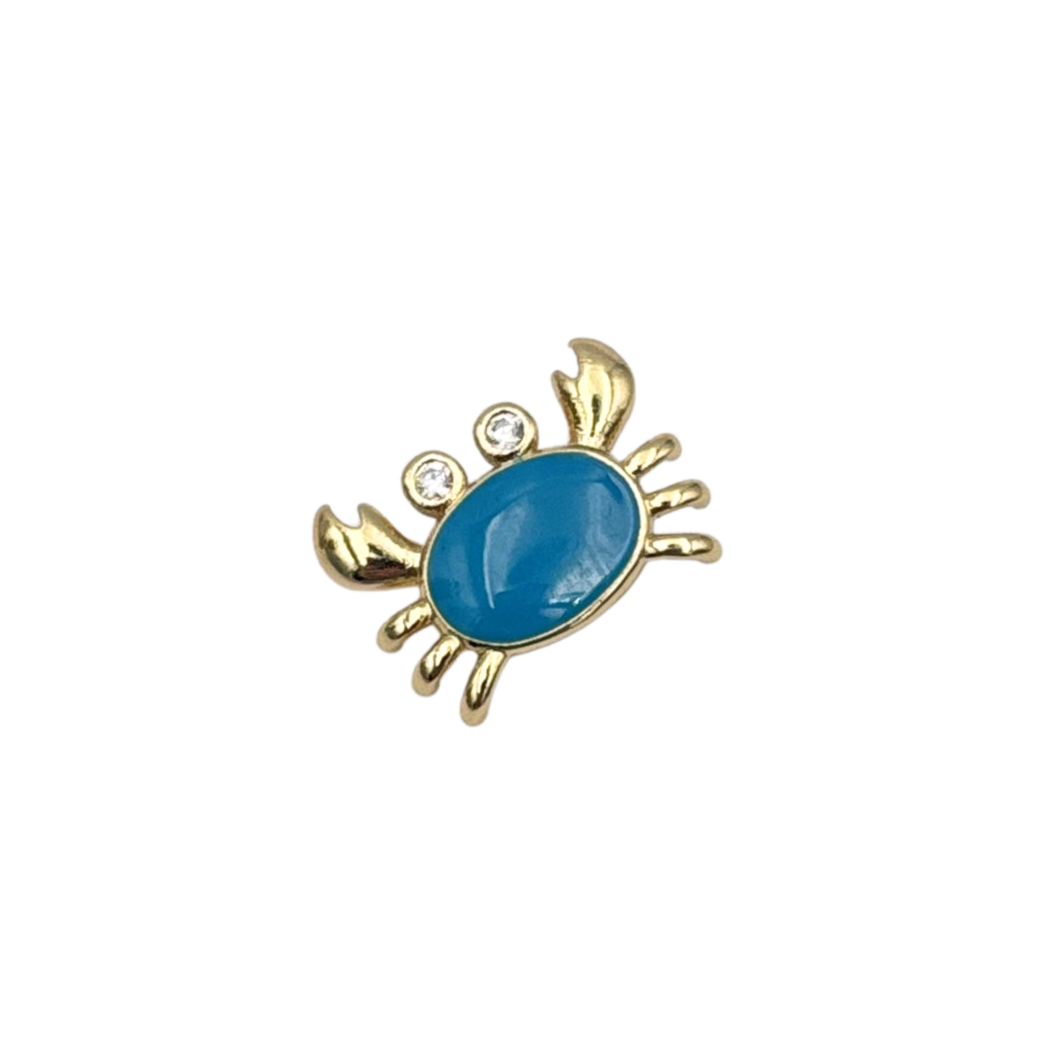 Gold crab charm pendant with blue enamel and rhinestone eyes by HOLST+LEE