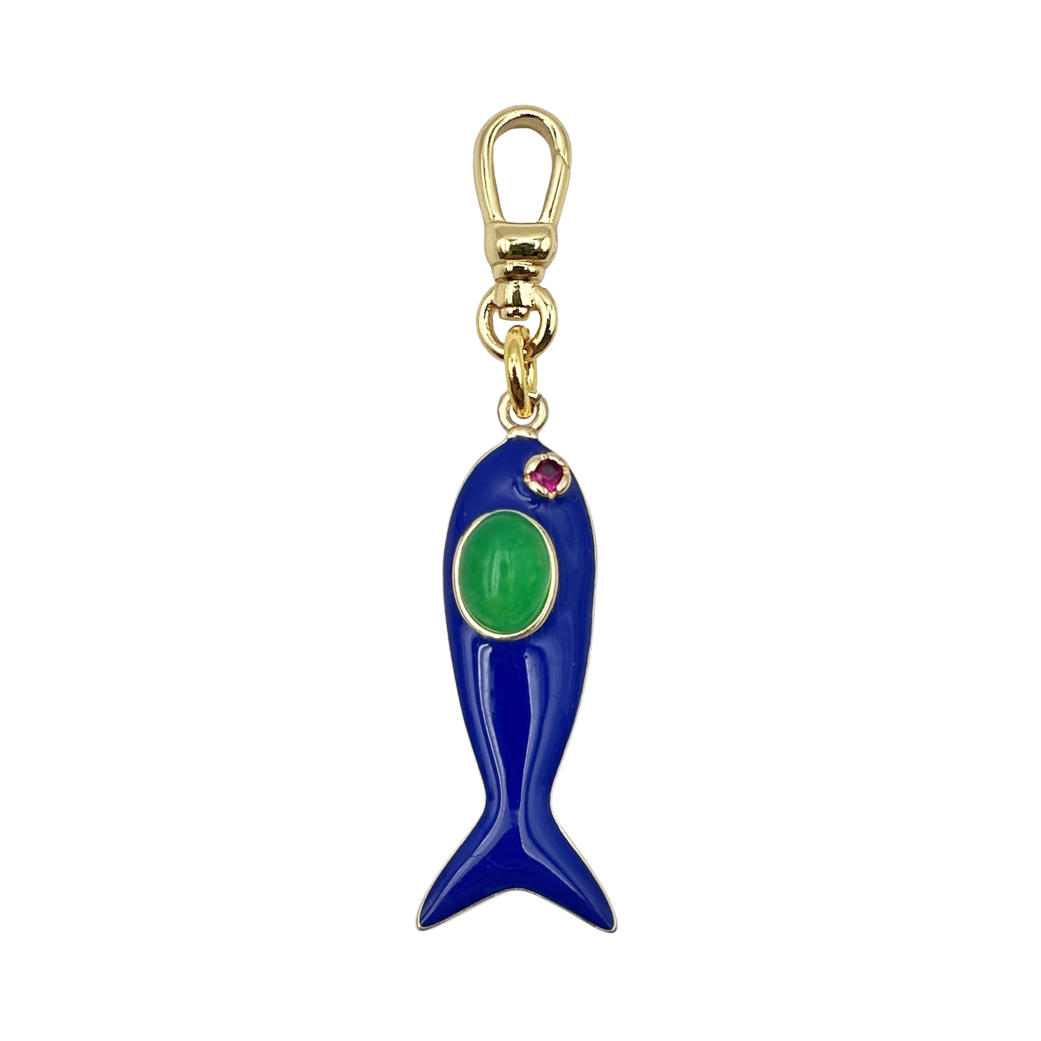 Blue enamel fish charm with a large oval green gem body and gold accent details with a charm clip by HOLST+LEE