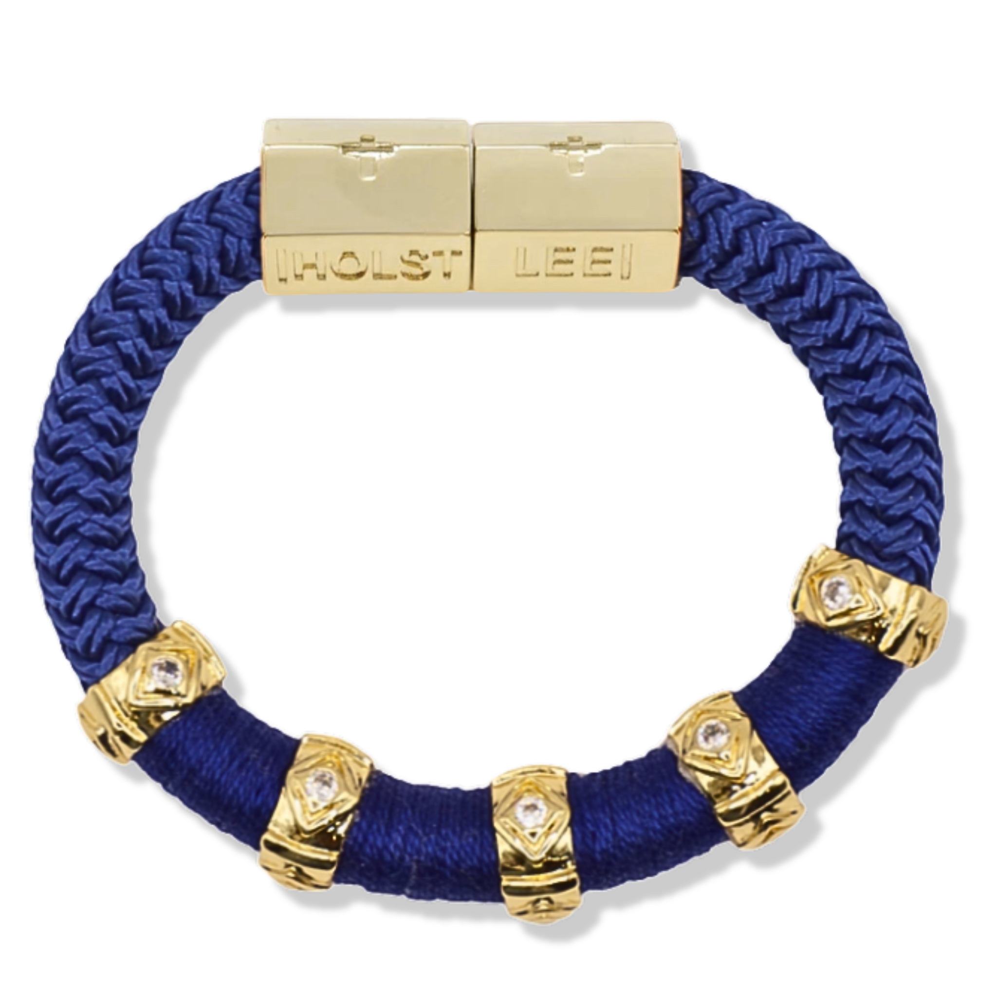Blue braided rope bracelet with 18K gold-filled evil eye ferrule accents and gold magnetic clasped bracelet by HOLST+LEE