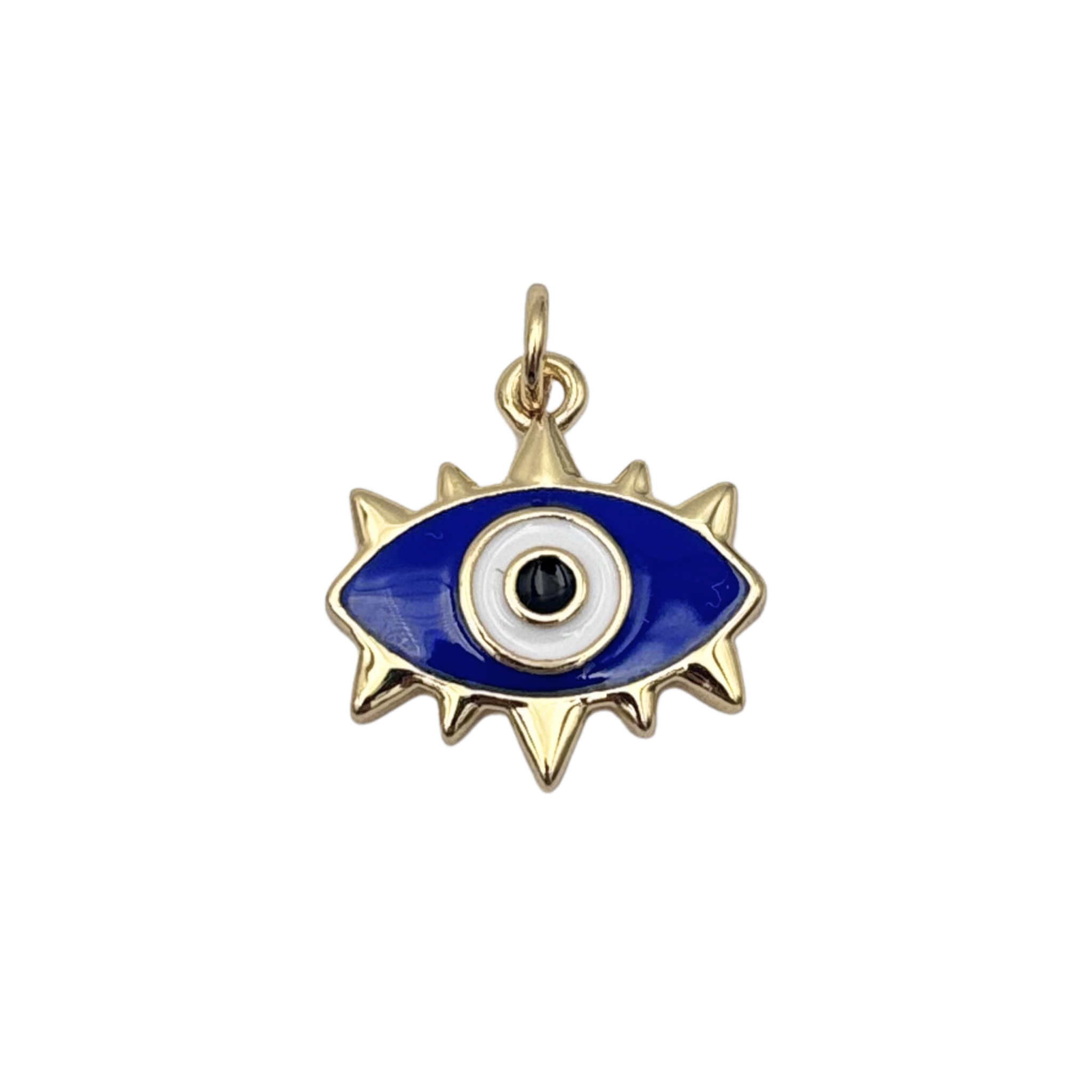 Navy blue enamel evil eye charm with white iris, black pupil, and gold spike border by HOLST+LEE