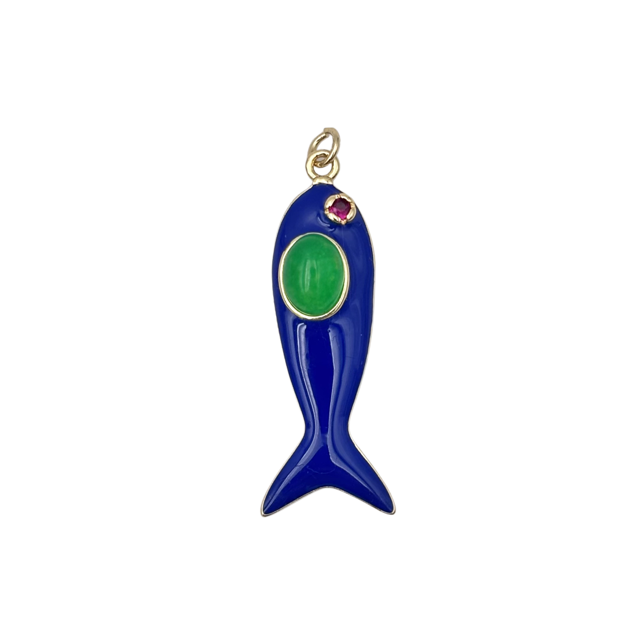 Blue enamel fish pendant with a large oval green gem body and gold accent details  by HOLST+LEE
