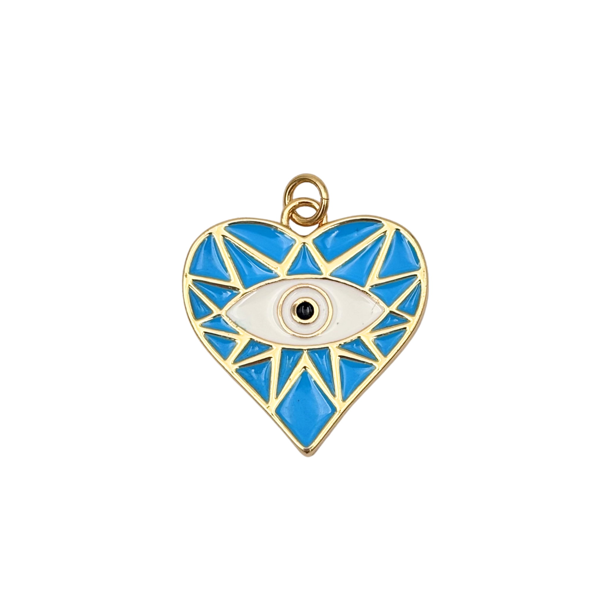 Gold-rimmed blue geometric enamel heart charm with central white evil eye motif