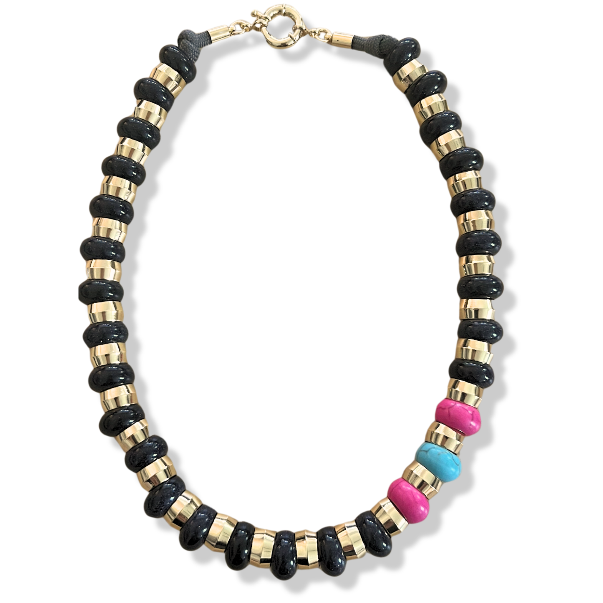 Black, pink, turquoise semi-precious gemstone beaded necklace with gold accents and toggle clasp by HOLST+LEE