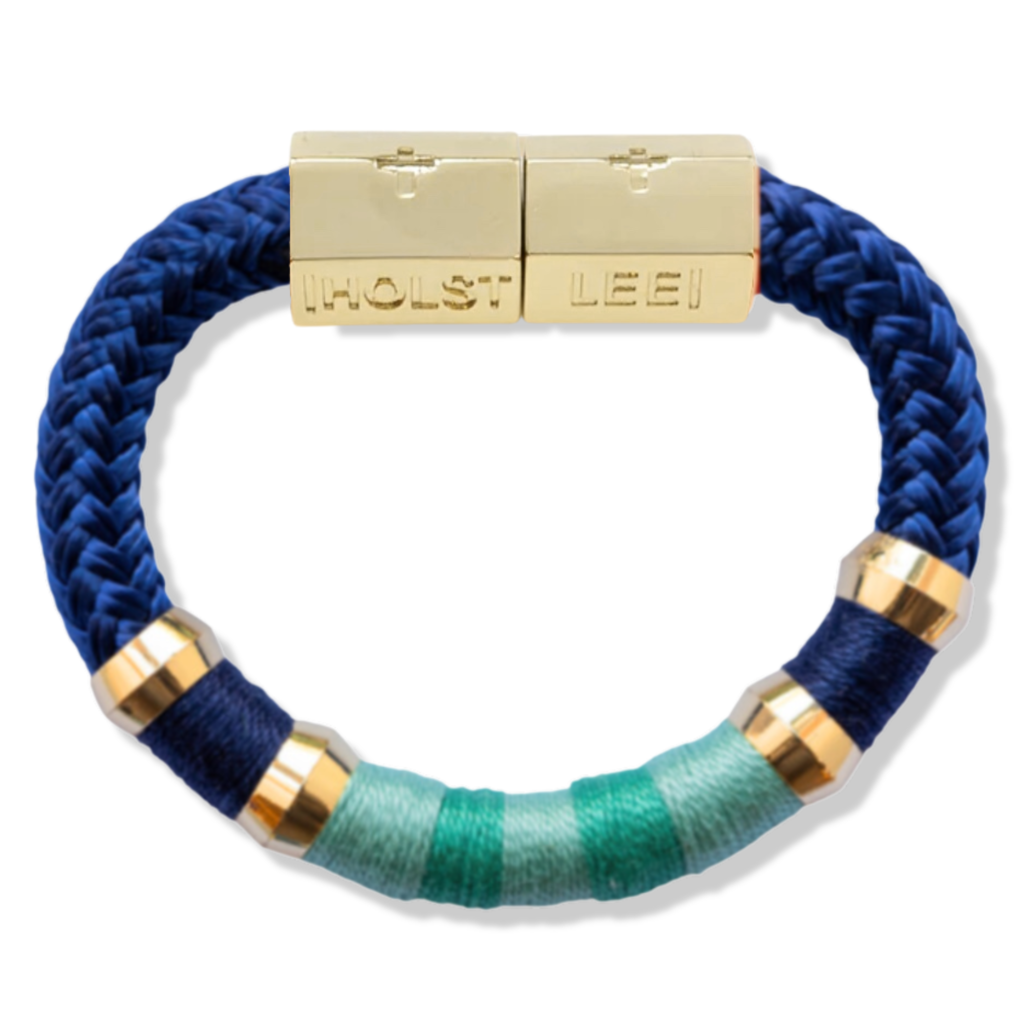 Blue braided rope bracelet with gold magnetic clasped bracelet and gold ferrule accents by HOLST+LEE 