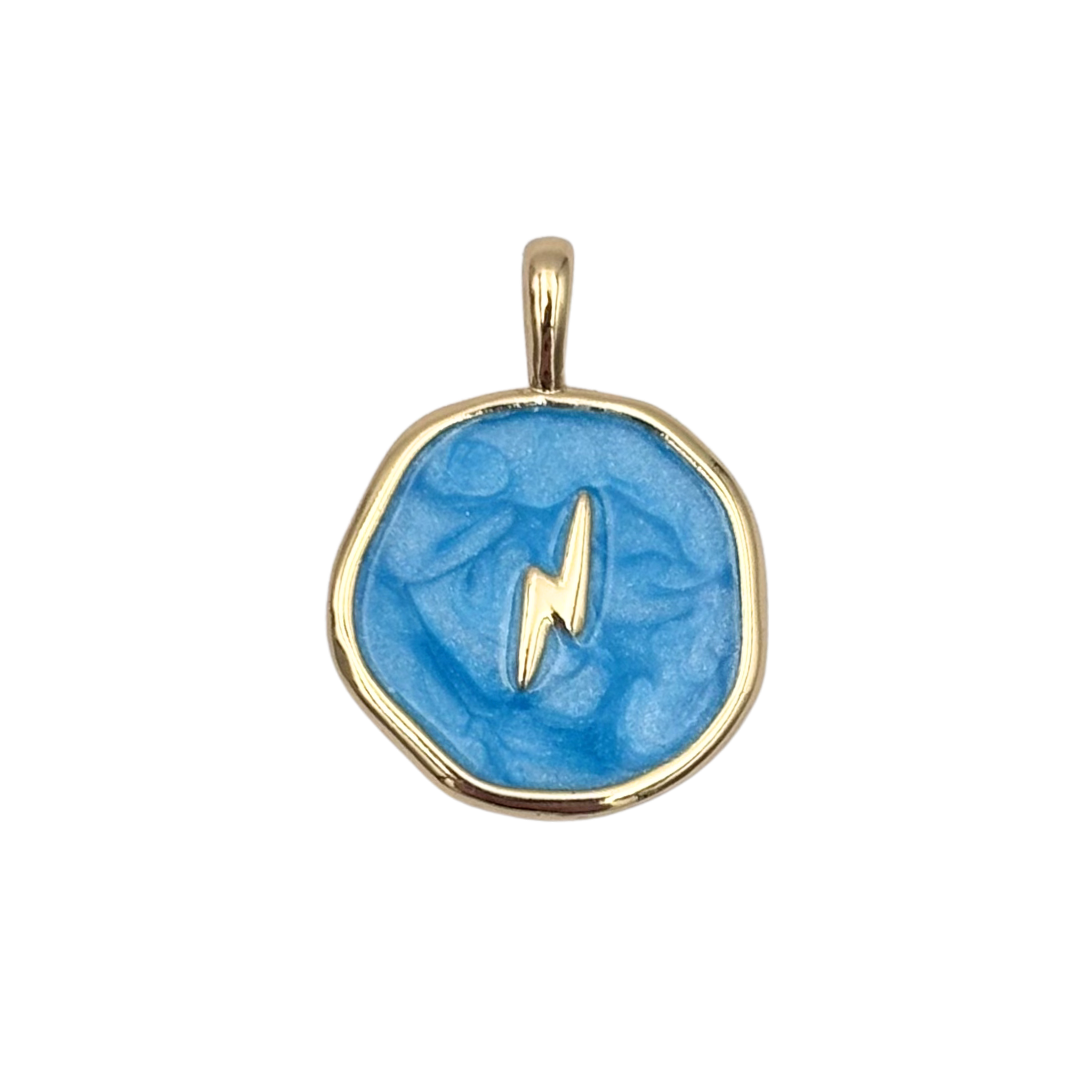 Gold round medallion pendant with swirled blue enamel face, raised gold lightning bolt by HOLST+LEE