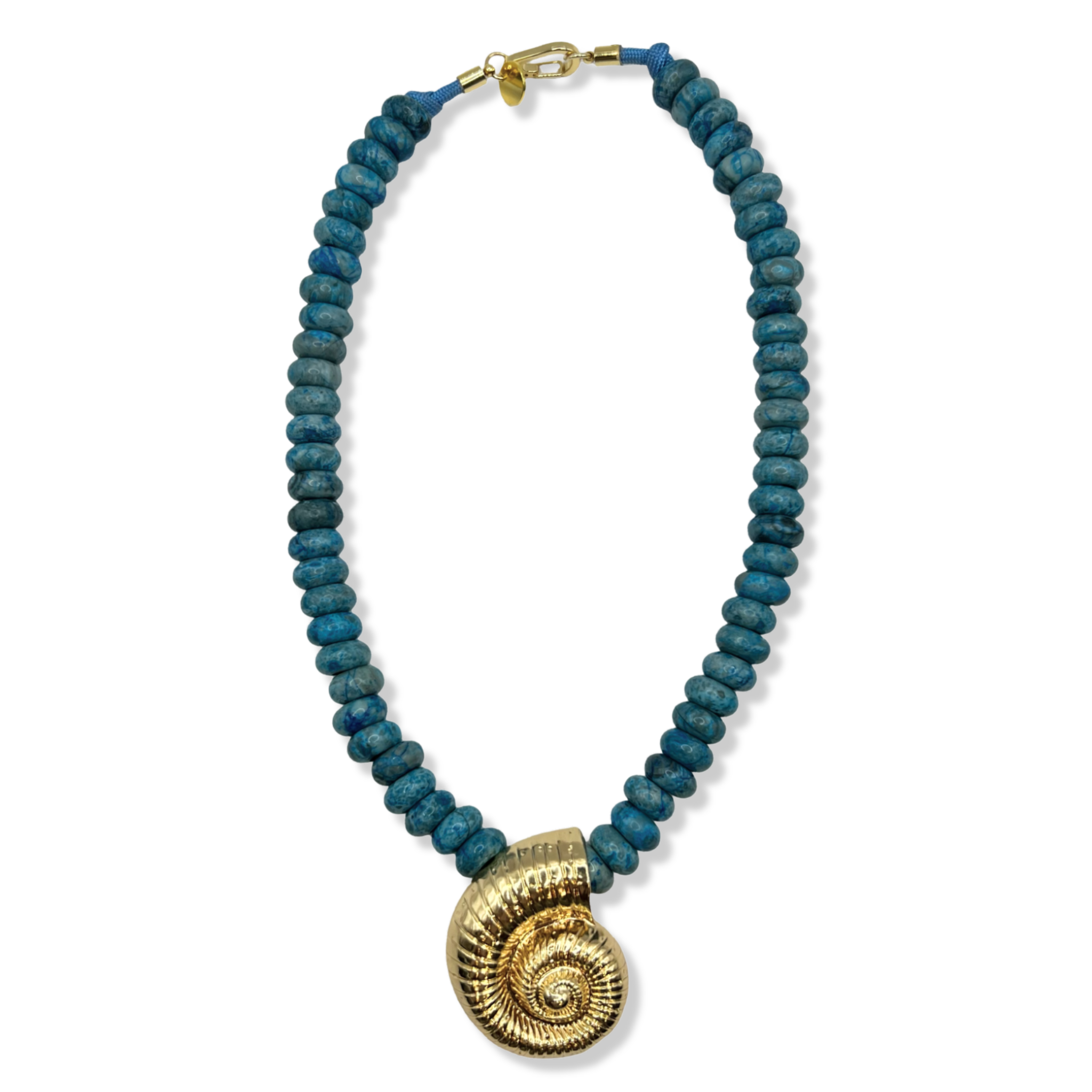 Blue semi-precious beads with large gold shell pendant by HOLST+LEE