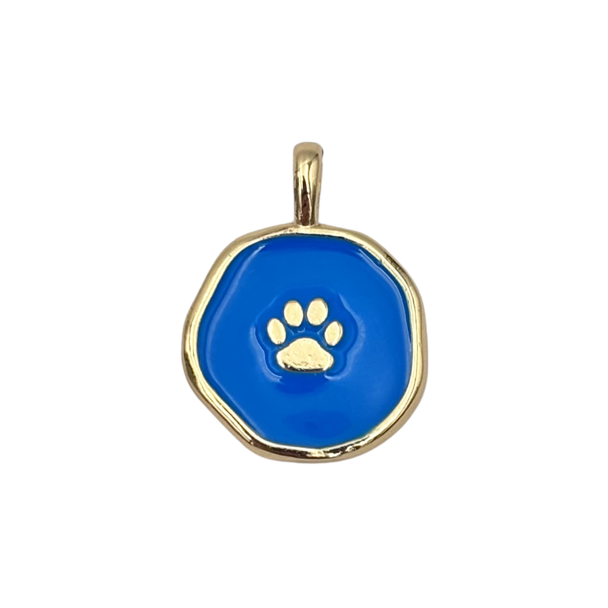 Gold round medallion pendant with swirled blue enamel face, raised gold paw by HOLST+LEE