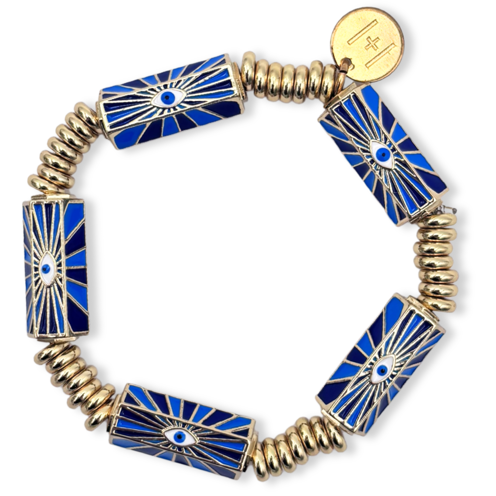 Blue enamel evil eye stretch bracelet with gold ribbed beads and branded coin charm by HOLST+LEE