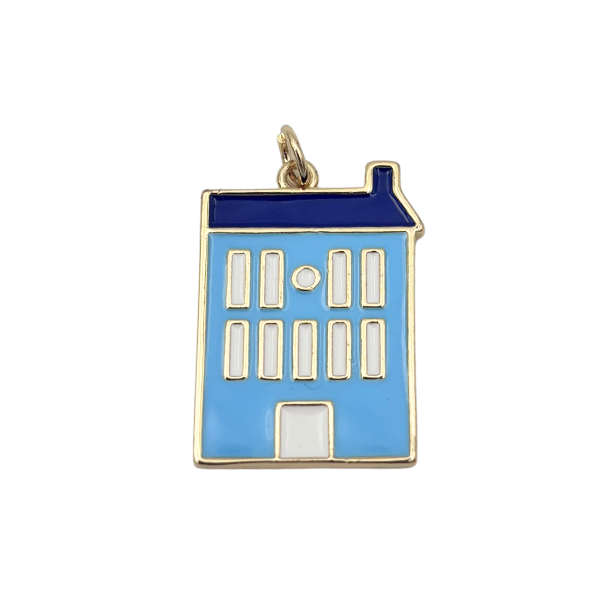 Blue and navy enamel city building charm with gold frame and white window details by HOLST+LEE