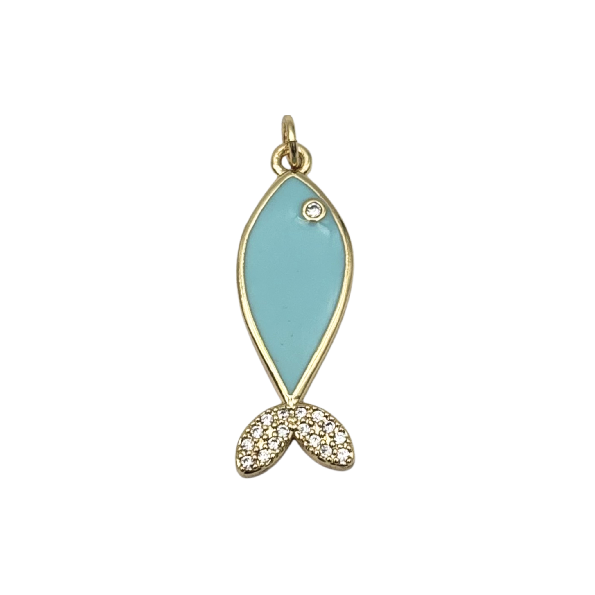 Gold fish charm pendant featuring light blue enamel body, rhinestone eye, and pavé crystal tail fin by HOLST+LEE