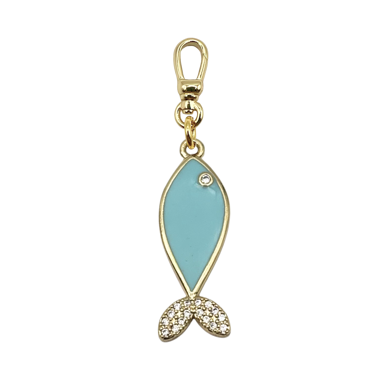 Blue enamel fish with rhinestone pave encrusted details with gold charm clip by HOLST+LEE