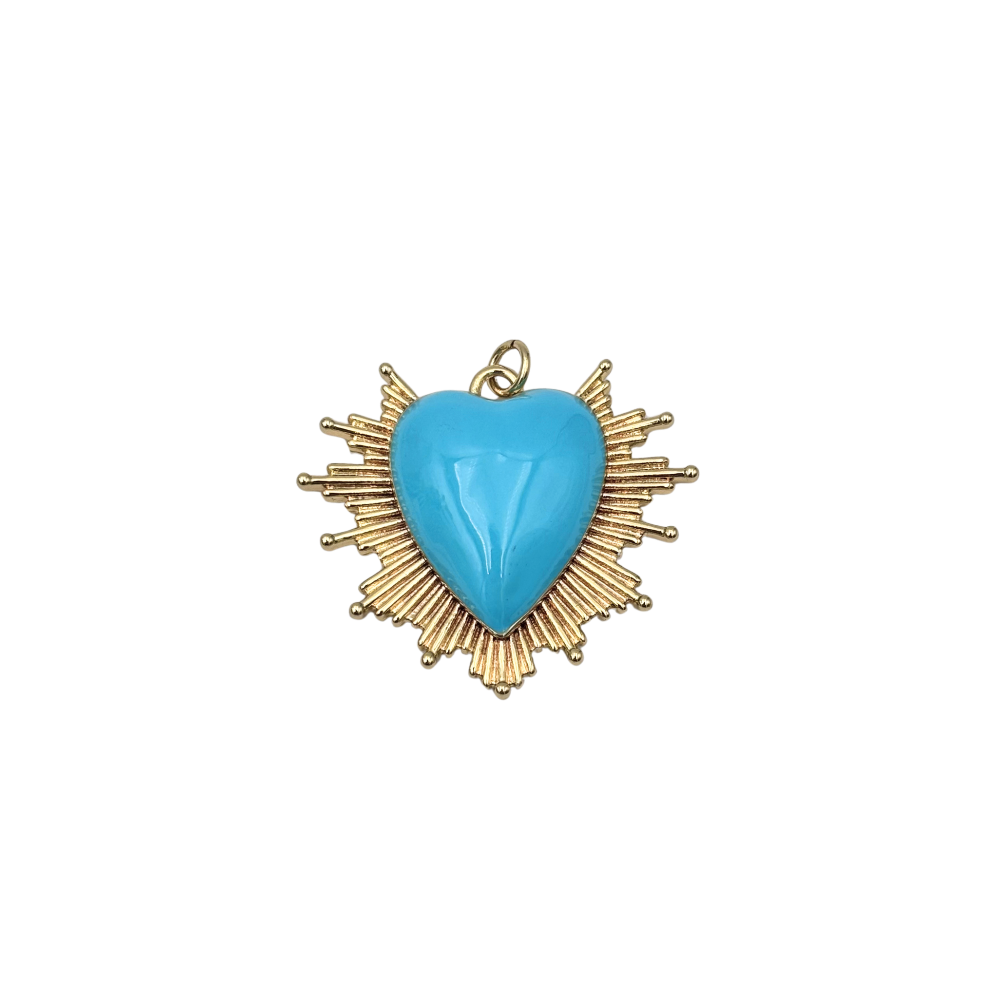 Blue enamel sacred heart charm with heart and ball-tipped sunburst rays by HOLST+LEE