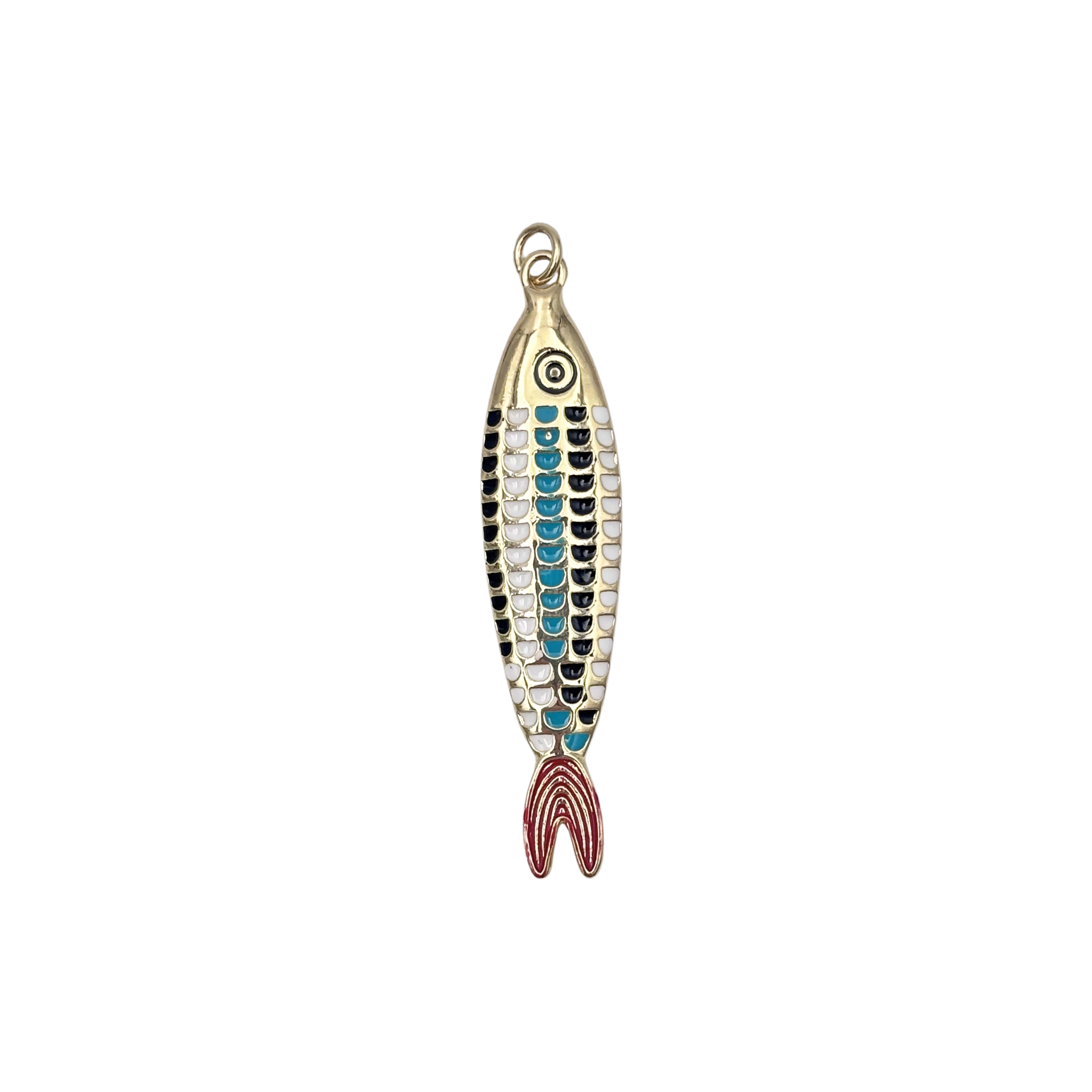 Vintage gold-tone enamel fish pendant charm with blue and white scale pattern and red tail by HOLST+LEE