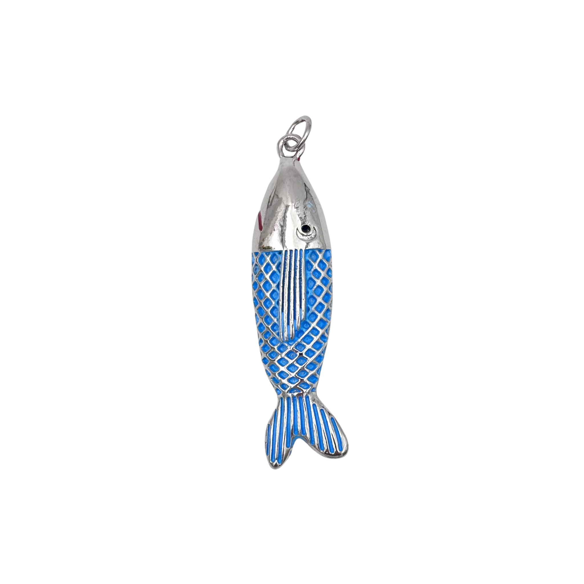 Vintage silver and blue enamel fish pendant charm with textured scales by HOLST+LEE
