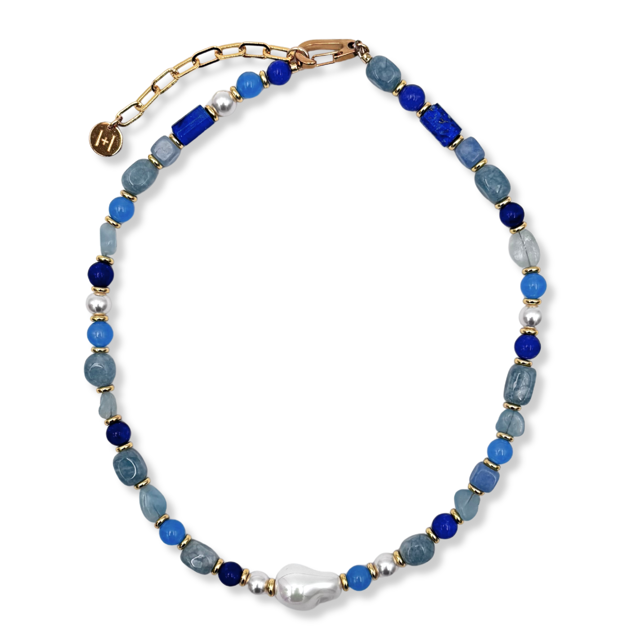 Blue gemstone and pearl beaded necklace with gold accents and lever clasp by HOLST+LEE