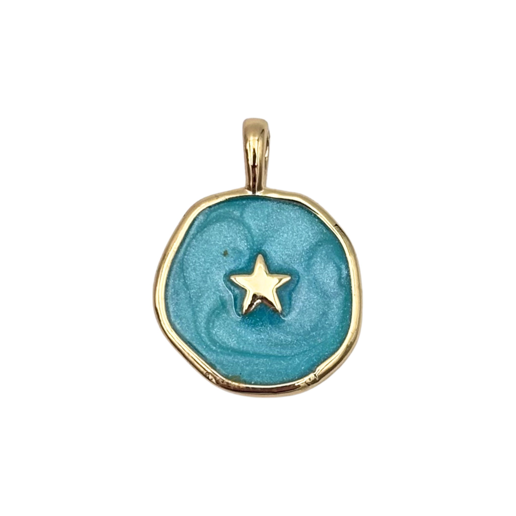 Gold round medallion pendant with swirled blue enamel face, raised gold star by HOLST+LEE
