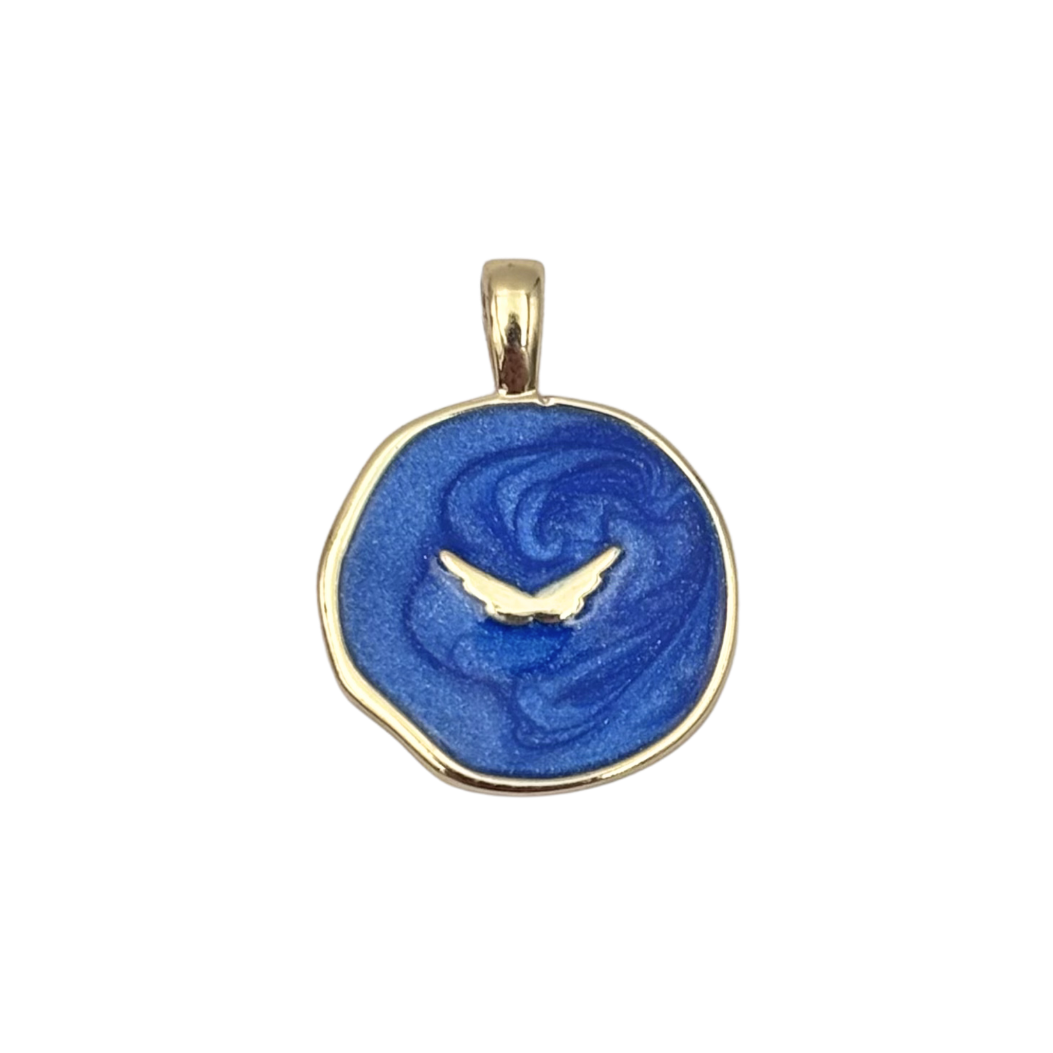 Gold round medallion pendant with swirled blue enamel face, raised gold wing by HOLST+LEE