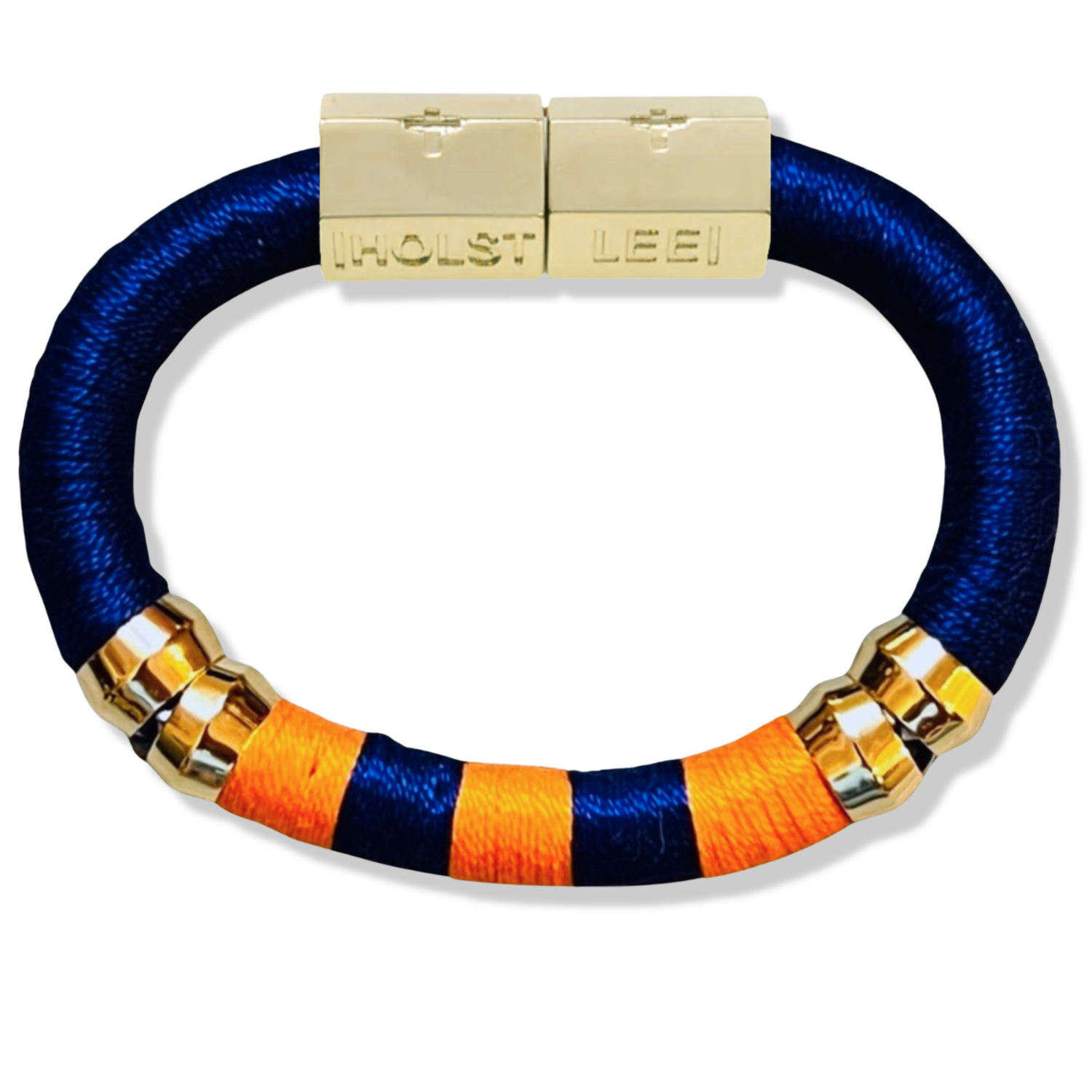 Blue and orange colorblock thread wrapped bracelet with 18K gold-filled magnetic clasped bracelet and gold ferrule accents by HOLST+LEE