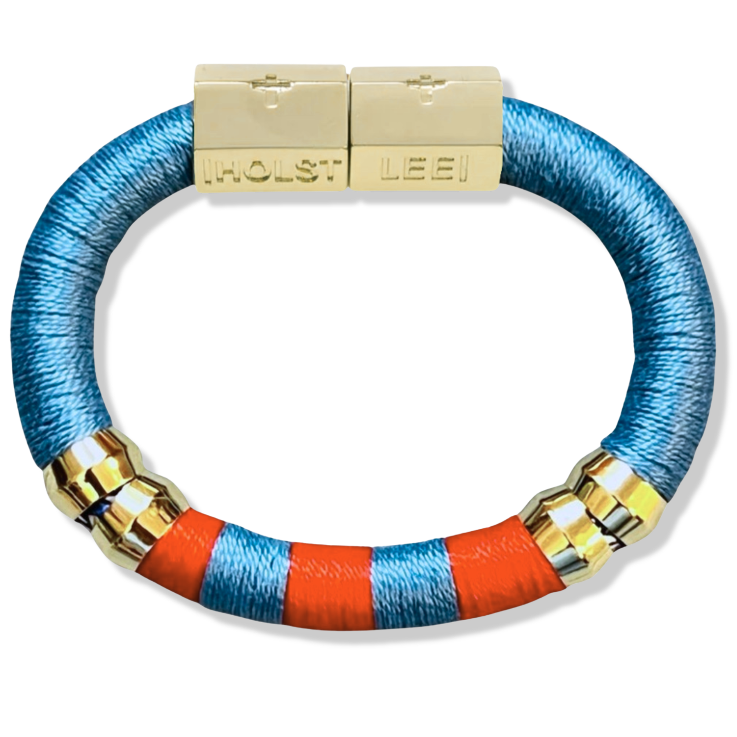 Blue and Red colorblock thread wrapped bracelet with 18K gold-filled magnetic clasped bracelet and gold ferrule accents by HOLST+LEE