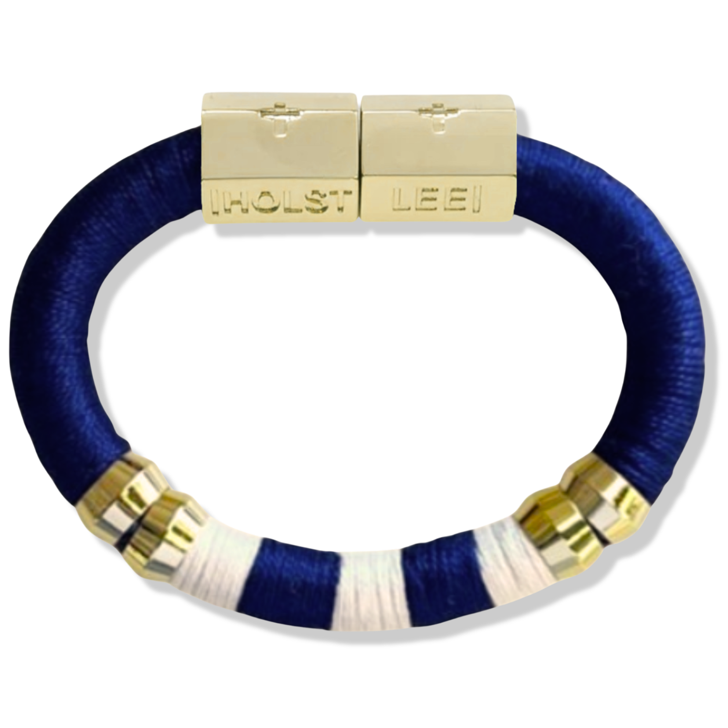 Blue and white colorblock thread wrapped bracelet with 18K gold-filled magnetic clasped bracelet and gold ferrule accents by HOLST+LEE