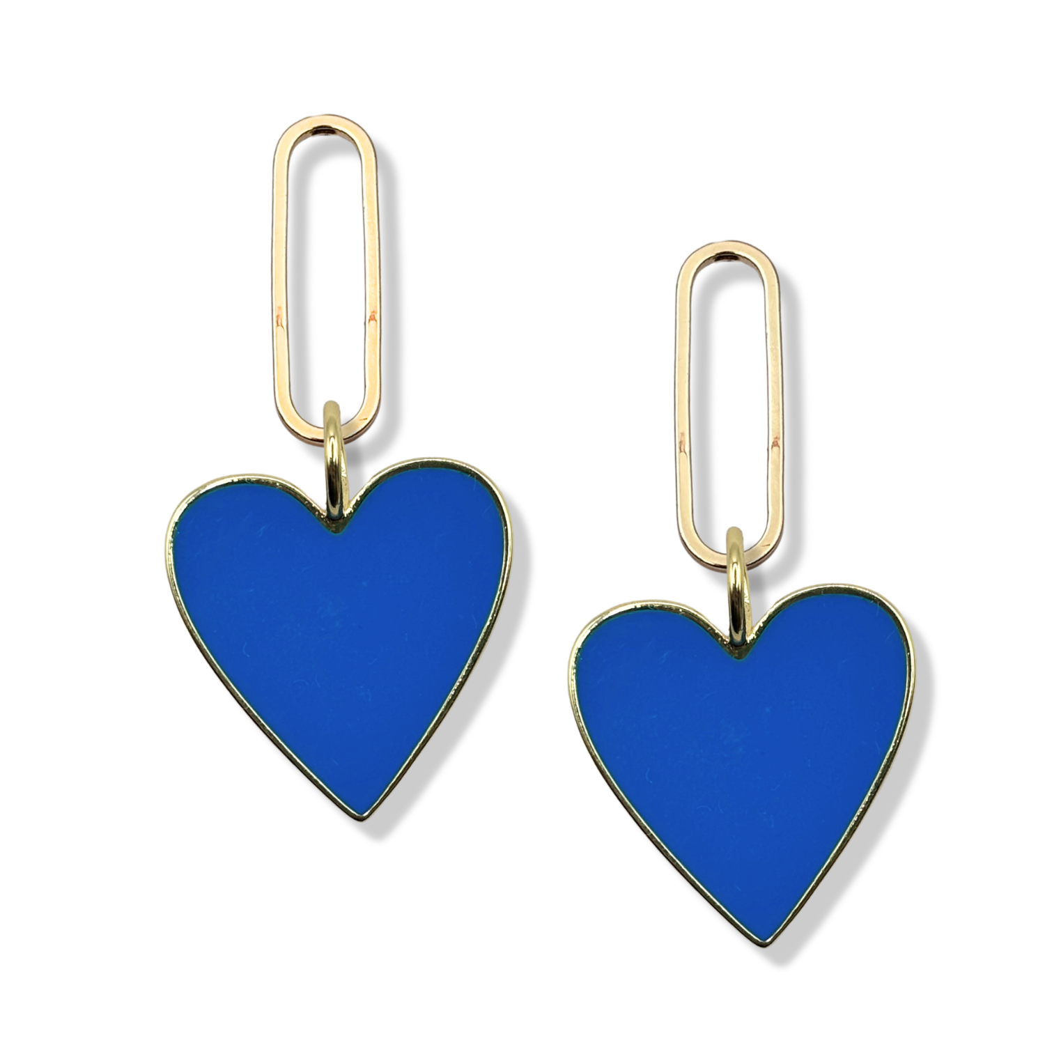 Bright Blue enamel heart dangle earrings with gold paperclip oval link topper by HOLST+LEE