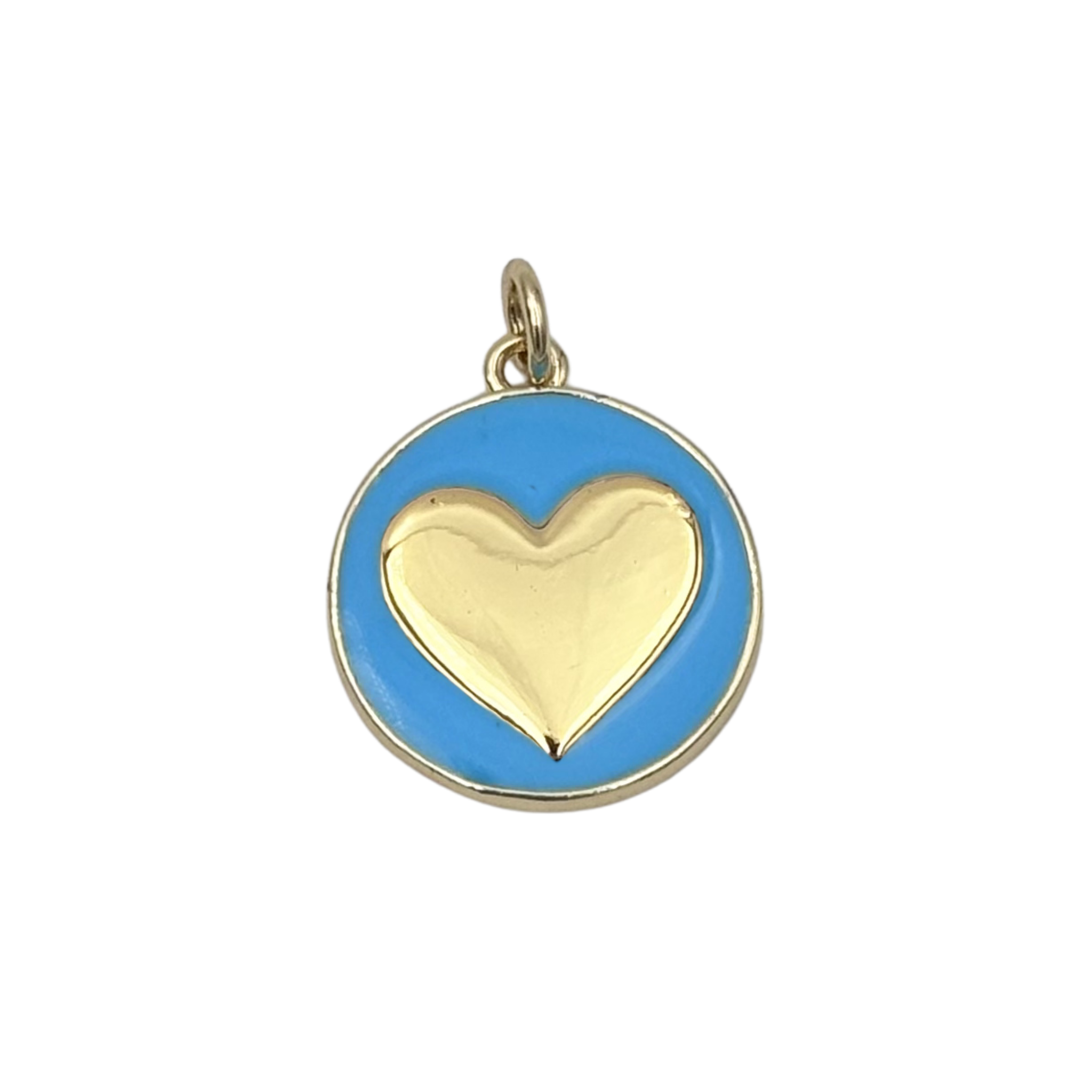 Gold round medallion charm with bright blue enamel face, raised polished gold heart by HOLST+LEE