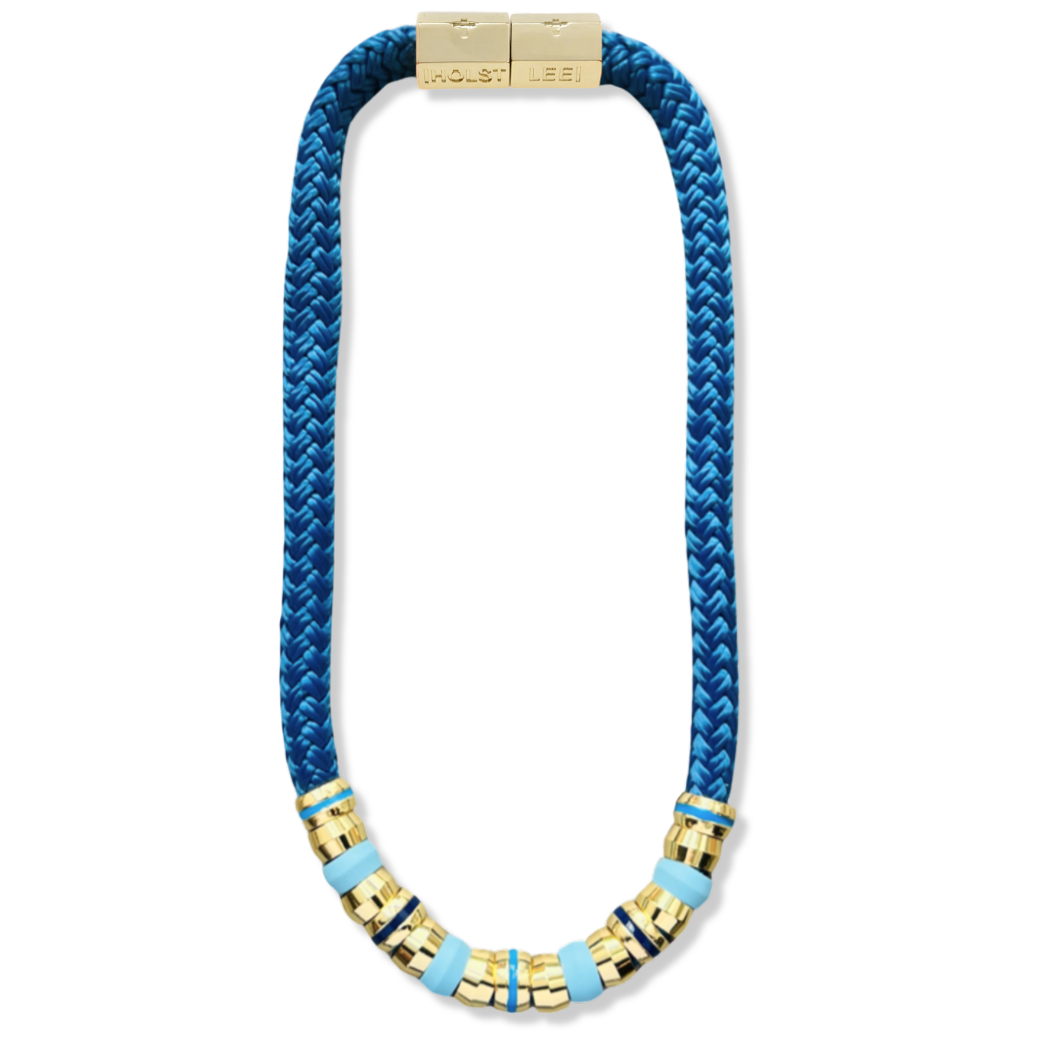 Blue braided rope necklace with blue enamel and gold ferrule stack and gold magnetic clasped necklace by HOLST+LEE